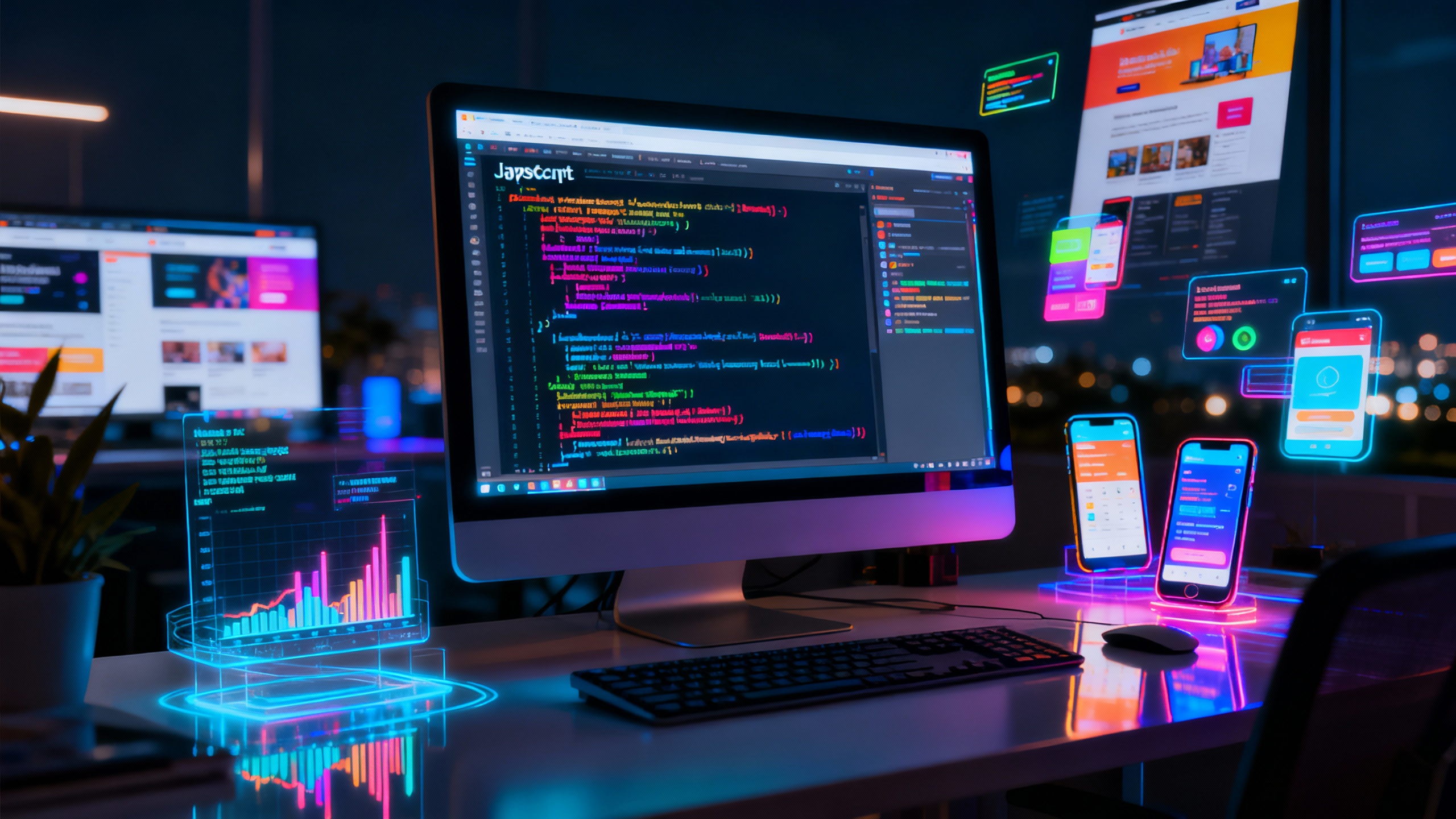 Ultra-realistic image of a modern workspace at night, featuring a glowing computer screen displaying vibrant lines of JavaScript code. The background includes digital elements morphing into dynamic websites and mobile apps, symbolizing transformation. Reflections of colorful UI components and interactive web elements float in the air around the desk, blending seamlessly with the physical environment. Subtle holographic overlays of code and digital graphs illustrate innovation and evolution. The atmosphere is energetic, futuristic, and immersive, emphasizing the impact of JavaScript on the digital world.