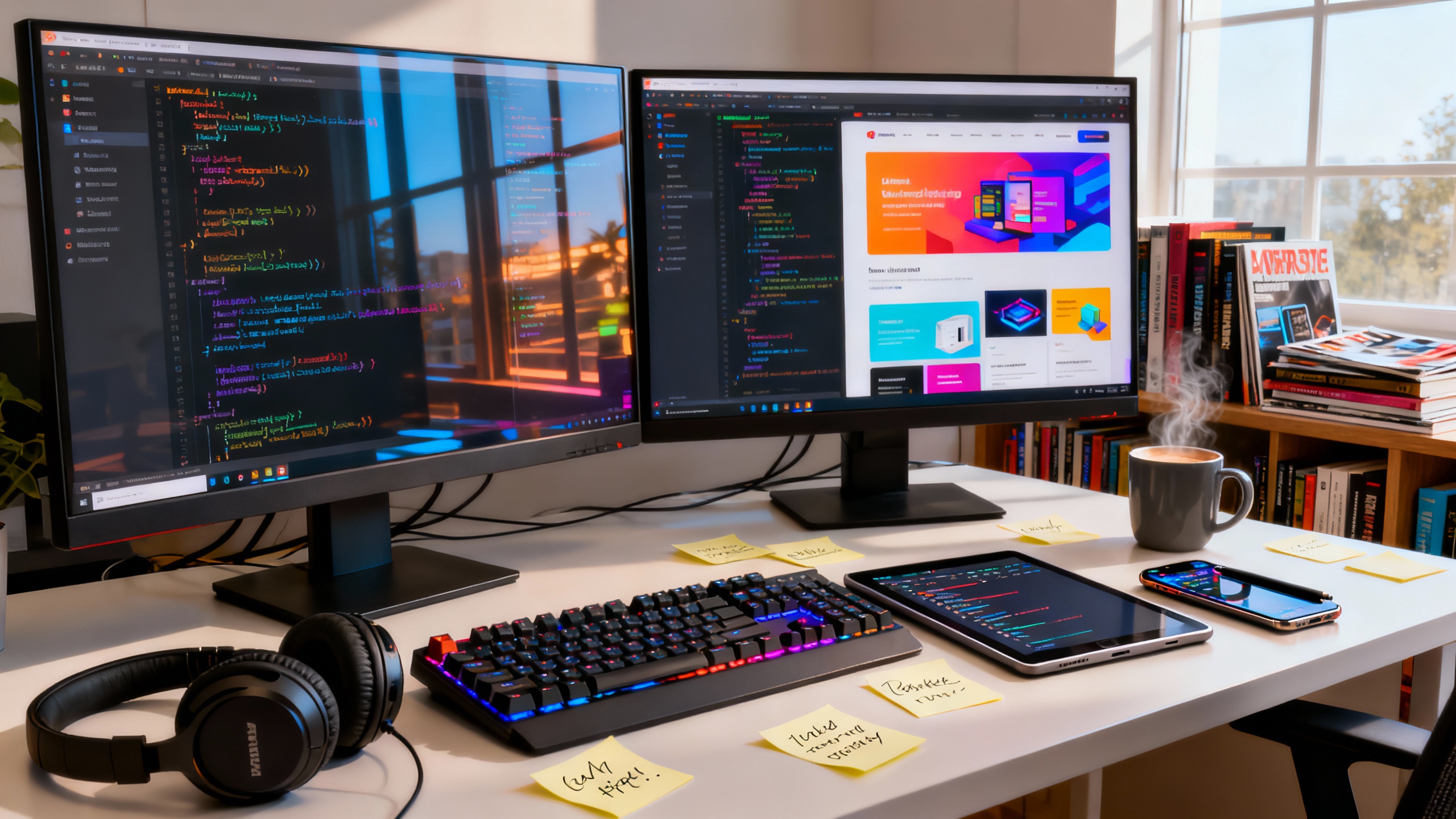 Ultra-realistic image of a modern workspace with dual monitors displaying lines of code and vibrant web design layouts, surrounded by sleek gadgets like a mechanical keyboard, noise-cancelling headphones, a tablet with stylus, and a smartphone running development tools. Sticky notes with handwritten ideas are scattered beside a steaming coffee mug. Subtle reflections of code and colorful UI elements flicker on the monitors. In the background, a bookshelf is filled with programming books and tech magazines. Daylight streams through a large window, illuminating the clean, organized space, creating an inspiring and dynamic atmosphere for web development.