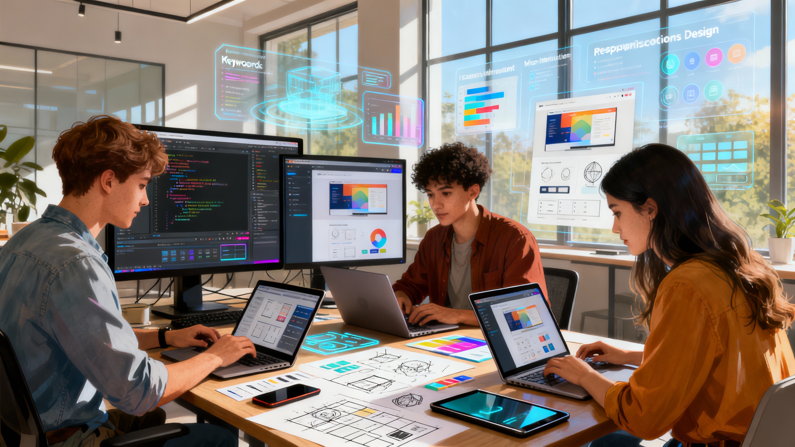 A modern workspace with a diverse group of young professionals collaborating on laptops and tablet devices, large monitors displaying vibrant user interfaces, code editors, and interactive web prototypes. Sunlight streams through large windows, highlighting sleek tech gadgets, digital sketches, and UI wireframes scattered on the table. In the background, an augmented reality mockup and charts showcase trends in front-end frameworks, micro-interactions, and responsive design. The scene is ultra realistic, highly detailed, and captures the dynamic energy of cutting-edge front-end development shaping digital experiences.