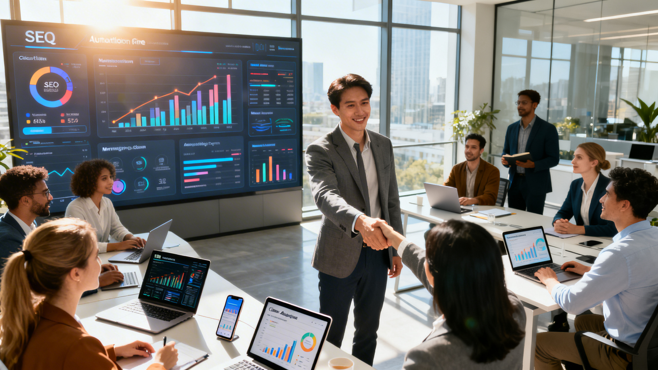 A sleek, modern office environment featuring a diverse team of professionals collaborating around a large digital dashboard displaying graphs, SEO analytics, and marketing automation workflows. In the foreground, a business owner confidently shakes hands with a new client. Sunlight streams through floor-to-ceiling windows, illuminating laptops, tablets, and smartphones showing data-driven client acquisition strategies. The atmosphere conveys trust, growth, and technological sophistication, emphasizing seamless integration of SEO and automation tools in building a reliable client pipeline. Ultra realistic style, sharp detail, vibrant colors.