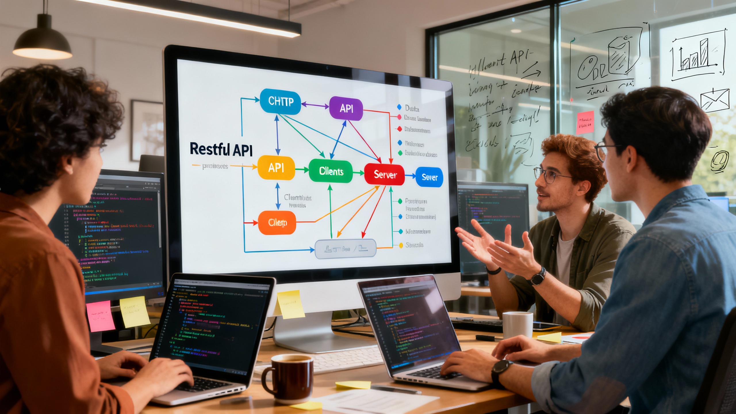 Ultra-realistic digital workspace scene showing a diverse team of modern web developers collaborating around a large monitor displaying a detailed RESTful API architecture diagram. The screen highlights colorful endpoints, HTTP methods, JSON data, and flow arrows connecting client and server. Developers analyze code on laptops, sketch notes on glass boards, and discuss best practices with expressive gestures. The background features contemporary office decor, soft natural lighting, and subtle tech elements like coffee mugs, Post-it notes, and streaming code on screens. The overall mood is focused, innovative, and collaborative, emphasizing clarity and demystification of RESTful APIs in a cutting-edge web development environment.