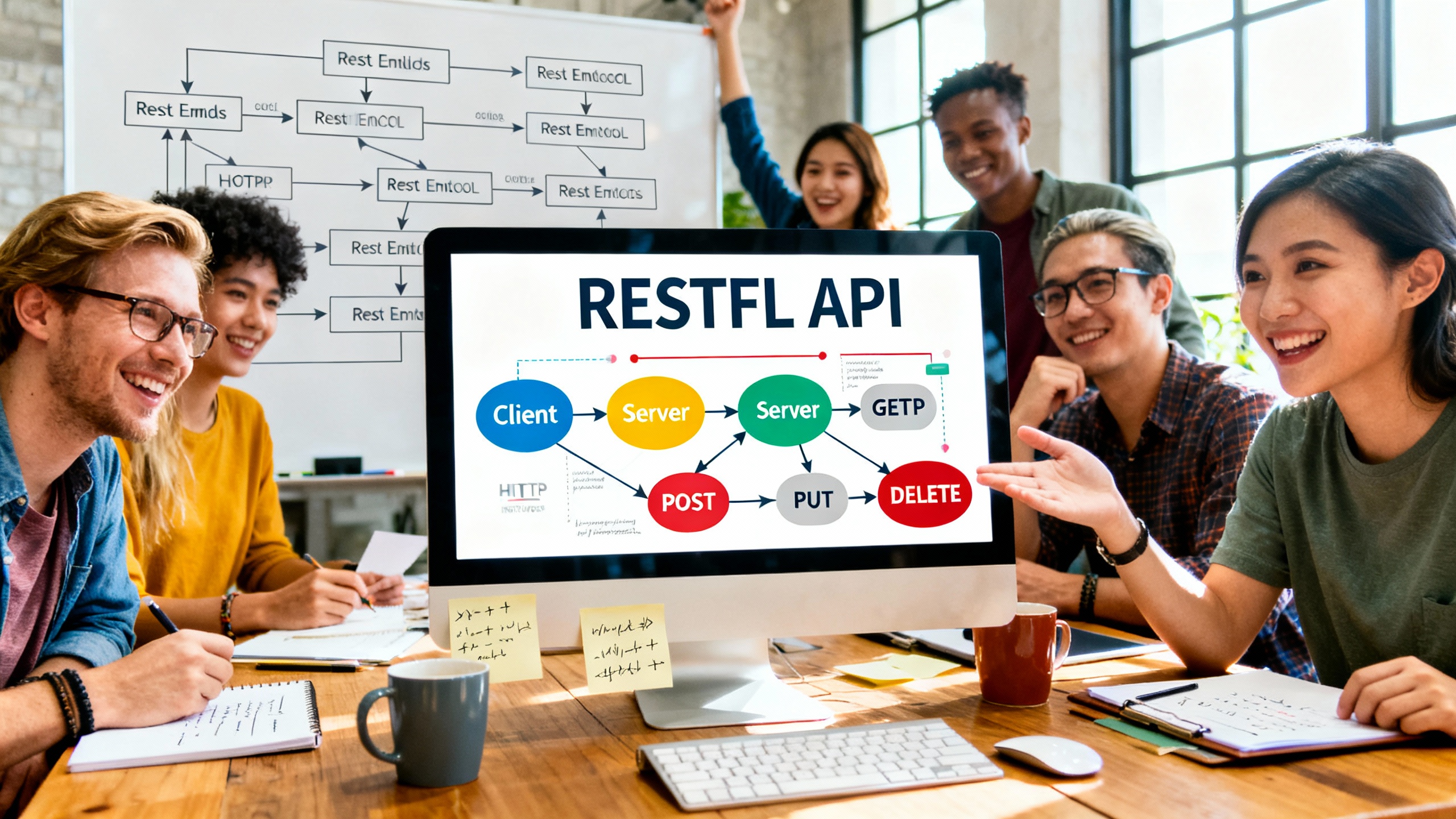 Ultra-realistic image showing a diverse group of young web developers collaborating in a modern workspace. On a bright computer screen in the foreground, a vibrant and detailed diagram illustrates RESTful API concepts: connected nodes labeled `Client,` `Server,` and common HTTP methods like GET, POST, PUT, DELETE. The workspace has subtle coding elements, coffee mugs, and notepads filled with handwritten notes. In the background, a large whiteboard displays flowcharts and REST endpoint URLs. The atmosphere is energetic and focused, capturing the excitement of learning and discovery.