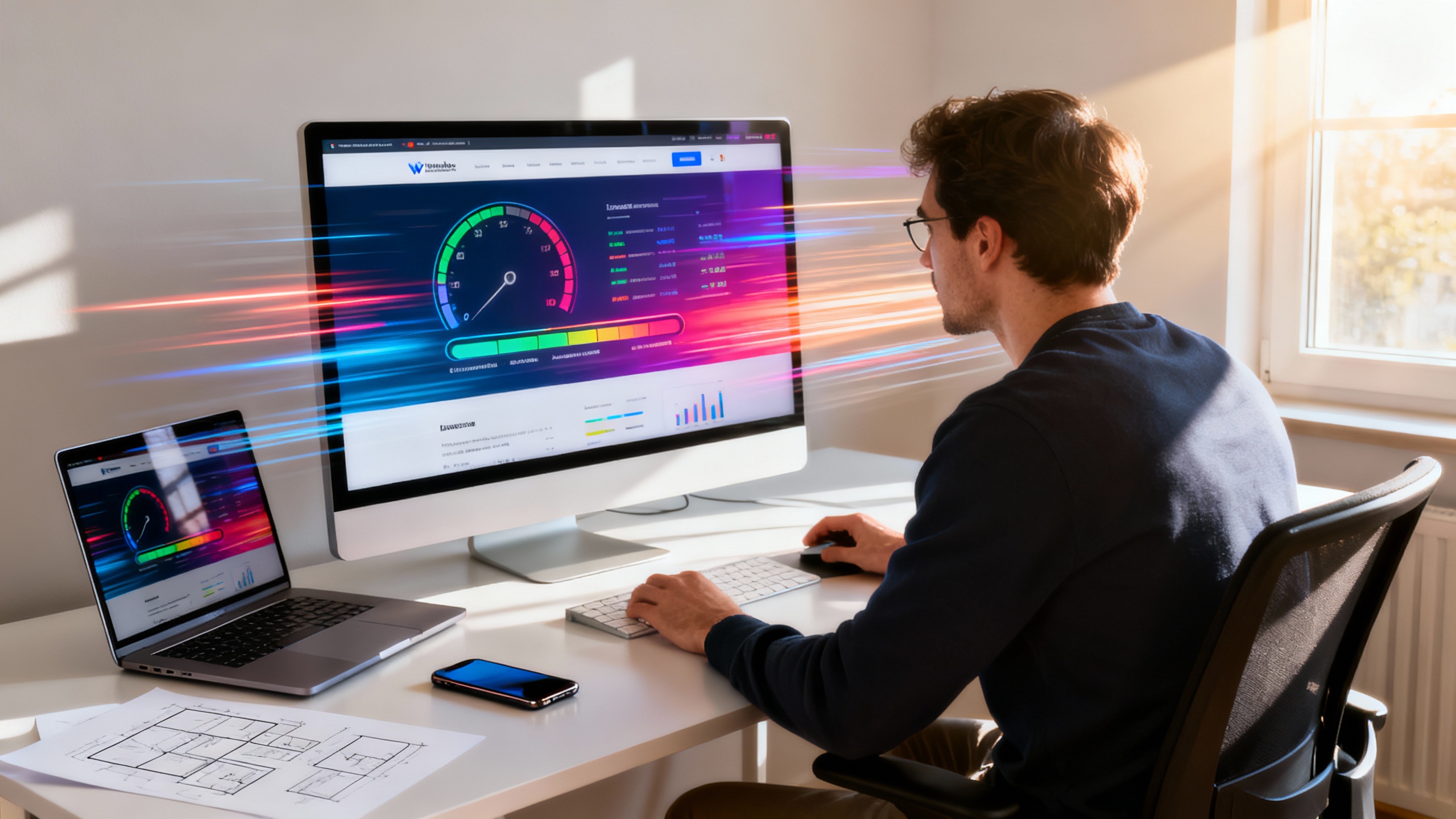 Ultra-realistic image of a modern web designer sitting at a sleek desk, intensely focused on a large computer monitor displaying a vibrant, fast-loading website interface. Digital speed lines and subtle motion blur effects convey a sense of rapid movement and efficiency. The workspace is minimalistic, featuring a high-performance laptop, smartphone, and clean design sketches scattered nearby. Sunlight streams through a window, illuminating the room and highlighting the designer’s concentration. On the screen, website elements load instantly, with visible indicators of speed such as progress bars and performance analytics. The overall atmosphere exudes innovation, agility, and technological excellence, emphasizing the importance of speed-first web design for creating lightning-fast user experiences.