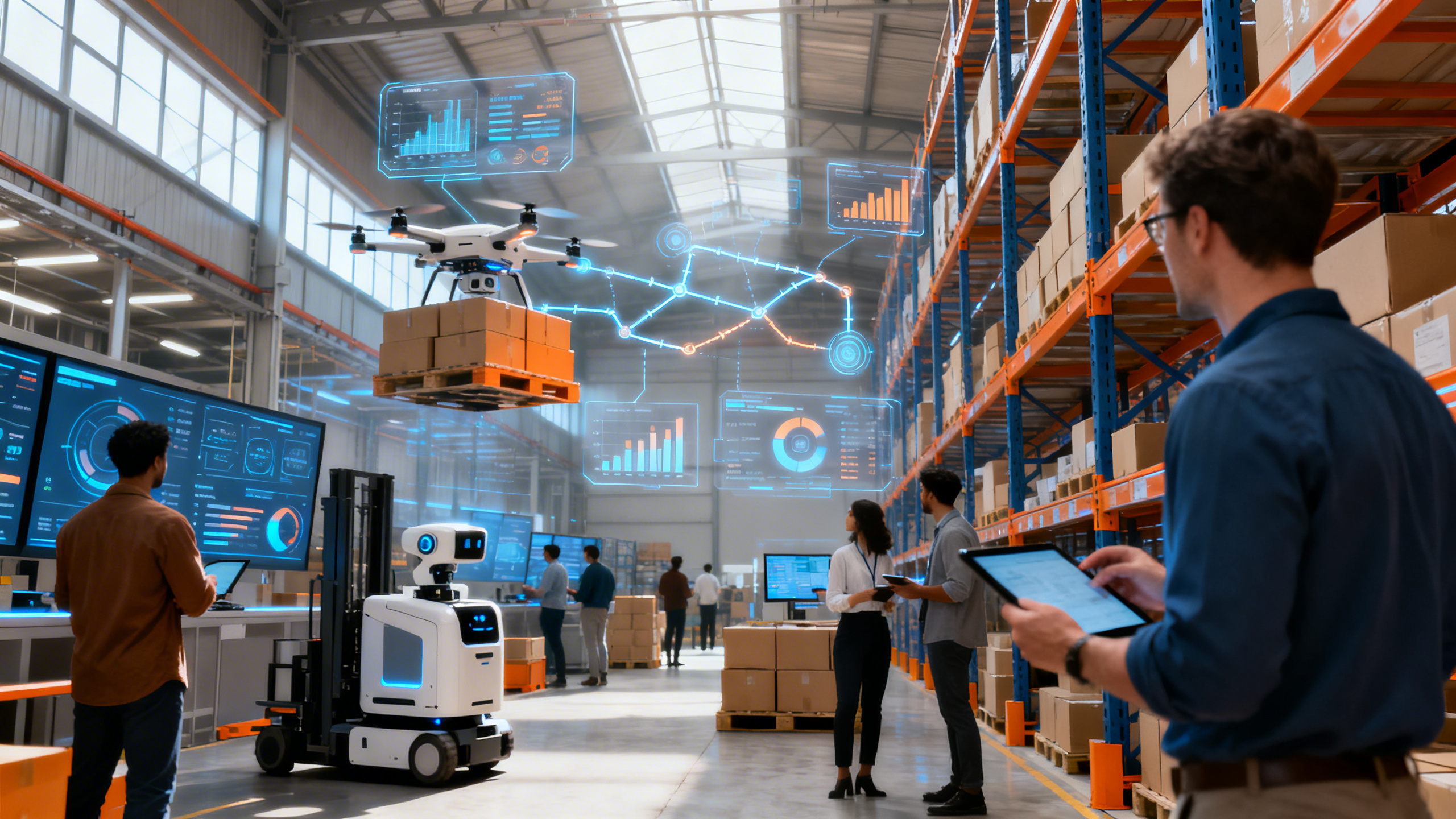 Ultra-realistic image of a modern warehouse buzzing with activity, illuminated by natural light streaming through high windows. Autonomous robots and drones transport goods between tall shelves, while diverse professionals monitor real-time data on digital dashboards and tablets. Transparent digital overlays show interconnected supply chain routes, AI-driven analytics, and predictive graphs. The atmosphere exudes efficiency, innovation, and seamless human-AI collaboration, highlighting invisible technological integration transforming logistics from within.