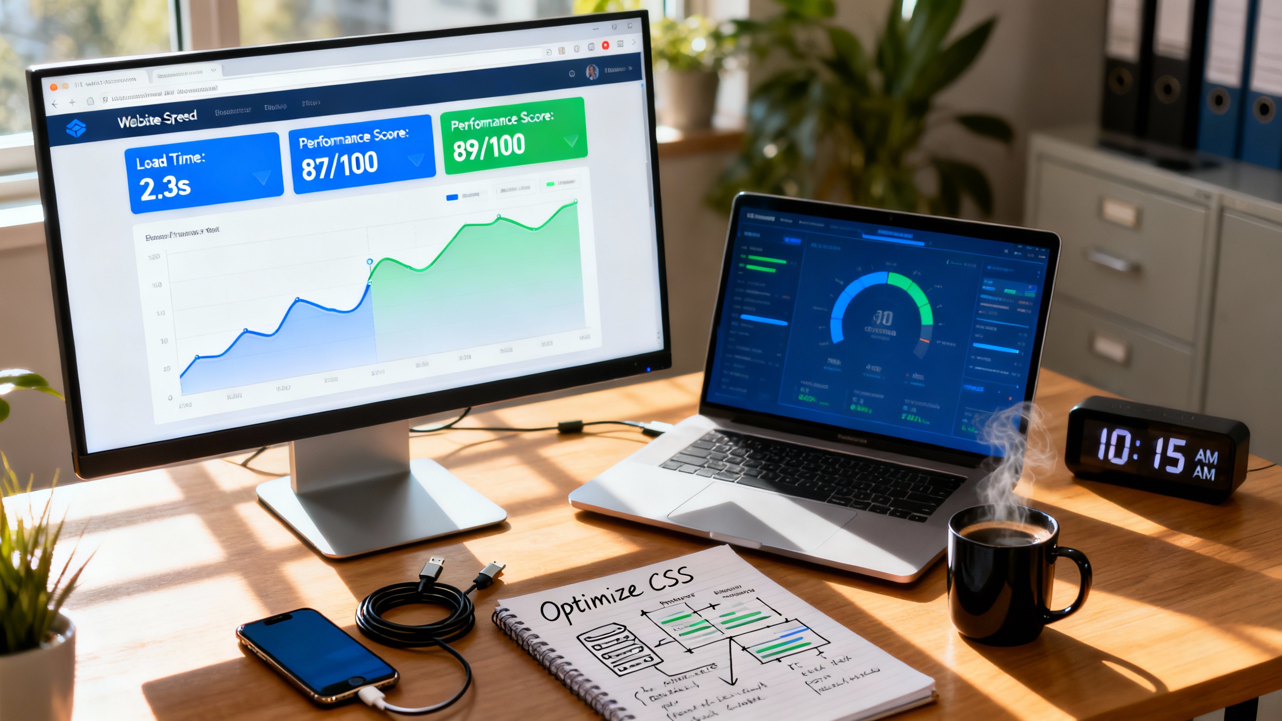 Ultra-realistic image of a modern workspace showing a computer monitor displaying a website speed test tool with metrics like load time, performance score, and waterfall charts. The desk features a sleek laptop, smartphone, and notepad with handwritten notes and diagrams about optimization. Cables, a coffee mug, and a digital clock are present to convey a real-world environment. Sunlight streams through a nearby window, highlighting the vibrant colors on the screens and creating natural shadows. The focus is on the screens and tools, with blurred background elements to emphasize productivity and technical analysis.