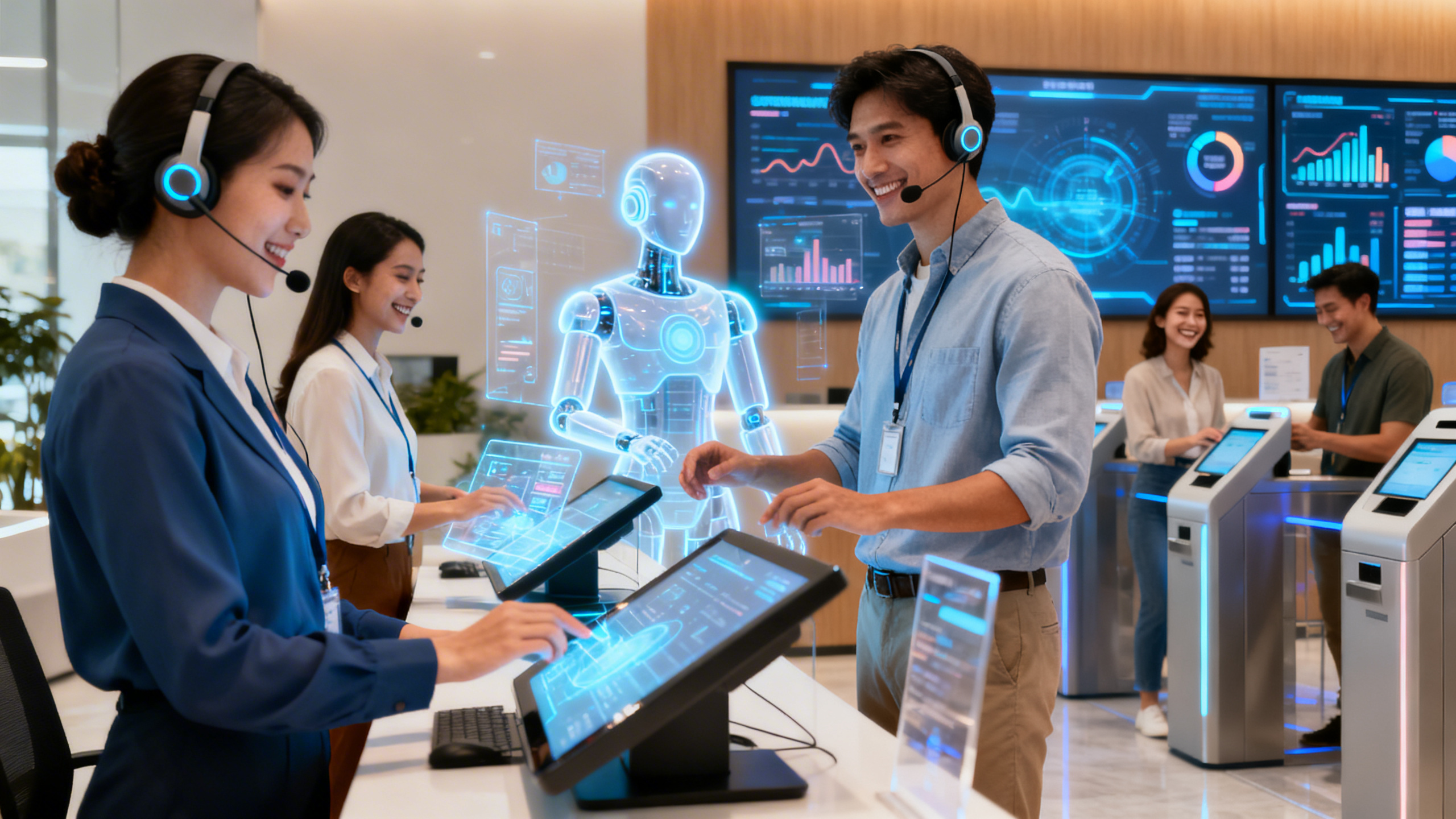 An ultra realistic image of a modern customer service center, blending human representatives and advanced AI-powered digital assistants. The scene features a diverse group of people interacting with sleek touchscreens, holographic interfaces, and virtual AI avatars. Vibrant lighting emphasizes the seamless integration of technology, with subtle futuristic elements like smart headsets and transparent displays. The atmosphere is dynamic and welcoming, illustrating efficient, friendly, and collaborative problem-solving between humans and AI. The background includes digital dashboards, data analytics visuals, and satisfied customers, highlighting innovation and the future of customer service.
