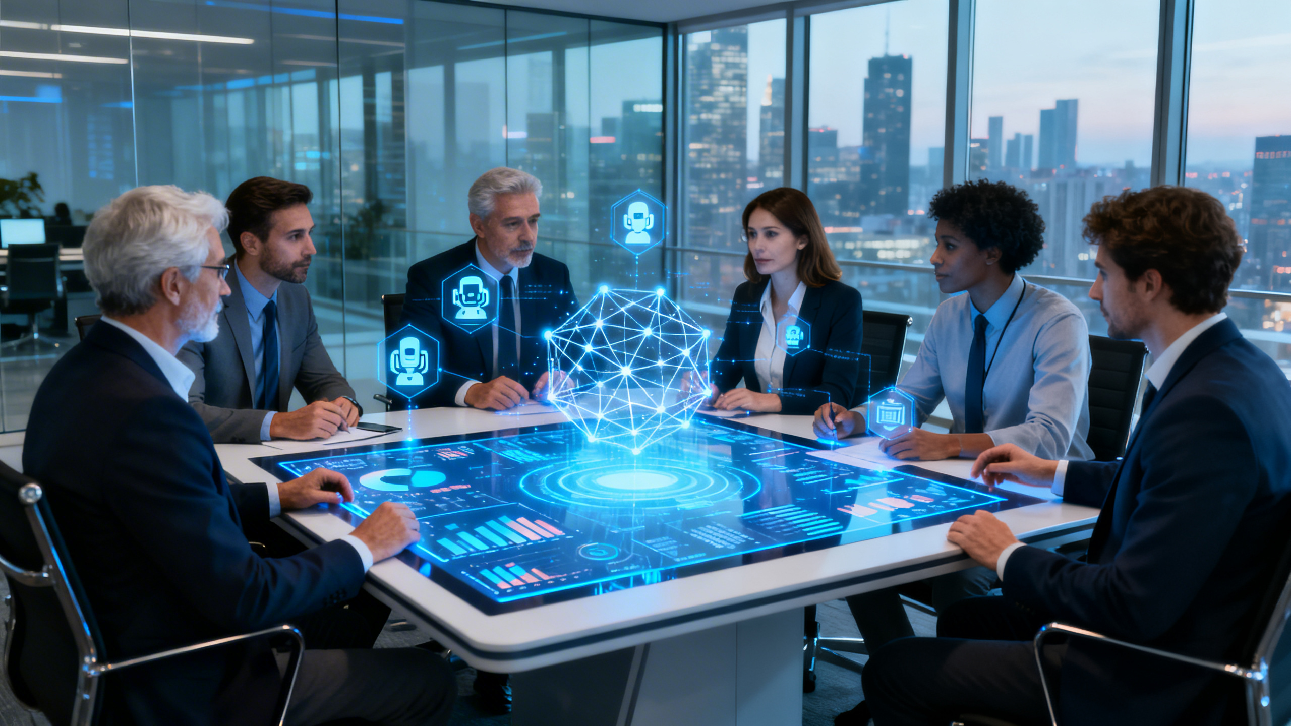 Ultra realistic image of a diverse group of business leaders—men and women of various ages and ethnicities—gathered around a modern conference table in a glass-walled office overlooking a cityscape. In the center of the table, a large digital touchscreen display projects complex data visualizations, charts, and predictive analytics. Holographic AI icons and neural network patterns float above the table, symbolizing artificial intelligence actively analyzing information. The leaders are thoughtfully engaged, interacting with the data, discussing strategies, and making confident decisions. The atmosphere is professional and futuristic, with subtle blue-toned lighting emphasizing technology and innovation.