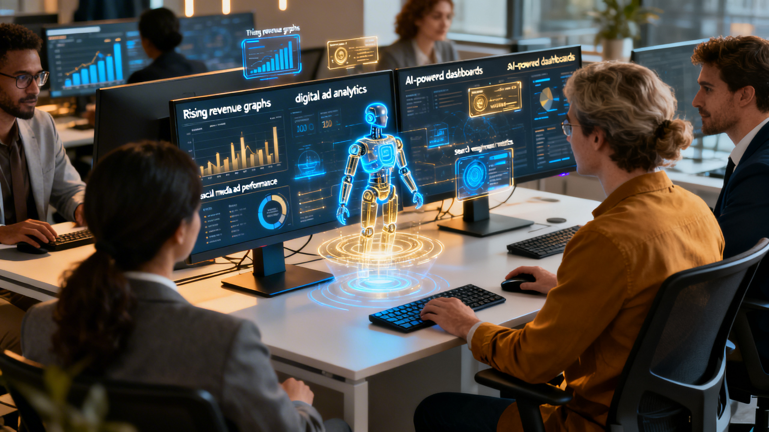 An ultra-realistic image showing a professional office environment with a diverse team focused on computer screens displaying graphs of rising revenue, digital ad analytics, and AI-powered dashboards. Prominently feature clear visual cues of paid advertising platforms, such as social media ads and search engine results, alongside futuristic AI holograms and data visualizations. The scene exudes efficiency, innovation, and financial growth, with dynamic lighting highlighting the advanced technology and collaborative atmosphere.