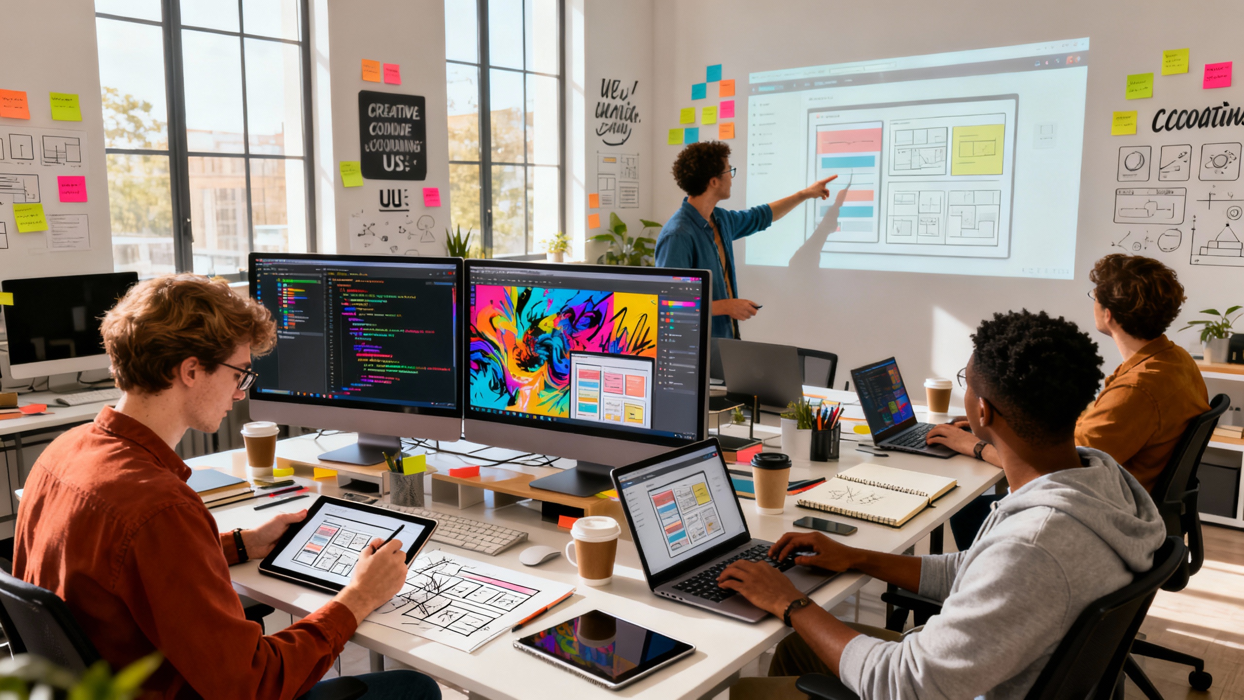 Ultra-realistic image of a diverse group of web developers collaborating in a modern workspace filled with large monitors displaying colorful code, wireframes, and creative digital artwork. Sunlight streams through tall windows onto sleek desks cluttered with coffee cups, sketchbooks, tablets, and laptops. One person sketches website layouts on a digital tablet, another types rapidly, and a third points at a projected interface design. Walls are decorated with sticky notes, UX diagrams, and inspirational quotes about creativity and coding. The atmosphere is vibrant and innovative, blending the technical world of programming with artistic expression, symbolizing the evolving landscape of web development.