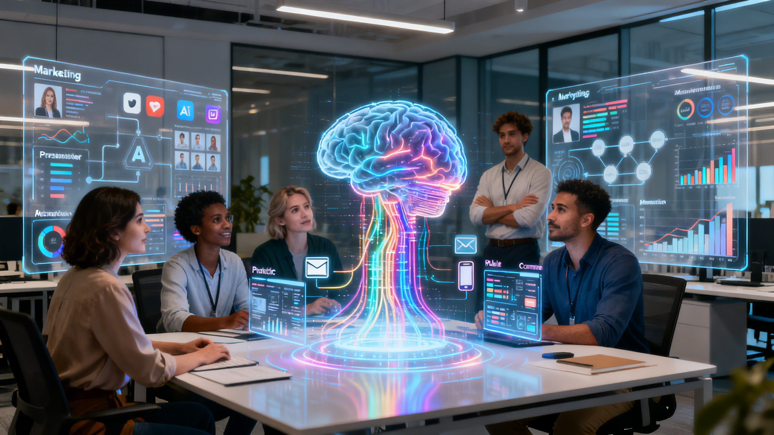 Ultra realistic image of a diverse team of marketers collaborating in a modern office, surrounded by transparent digital screens displaying dynamic data visualizations, AI-powered analytics, personalized customer profiles, marketing automation flows, and predictive graphs. In the foreground, a central holographic interface projects a lifelike AI brain intertwined with colorful data streams connecting to various marketing channels—social media, email, mobile, and e-commerce dashboards. Ambient lighting highlights the fusion of human creativity and advanced technology, conveying innovation, precision, and the transformative impact of AI in marketing.