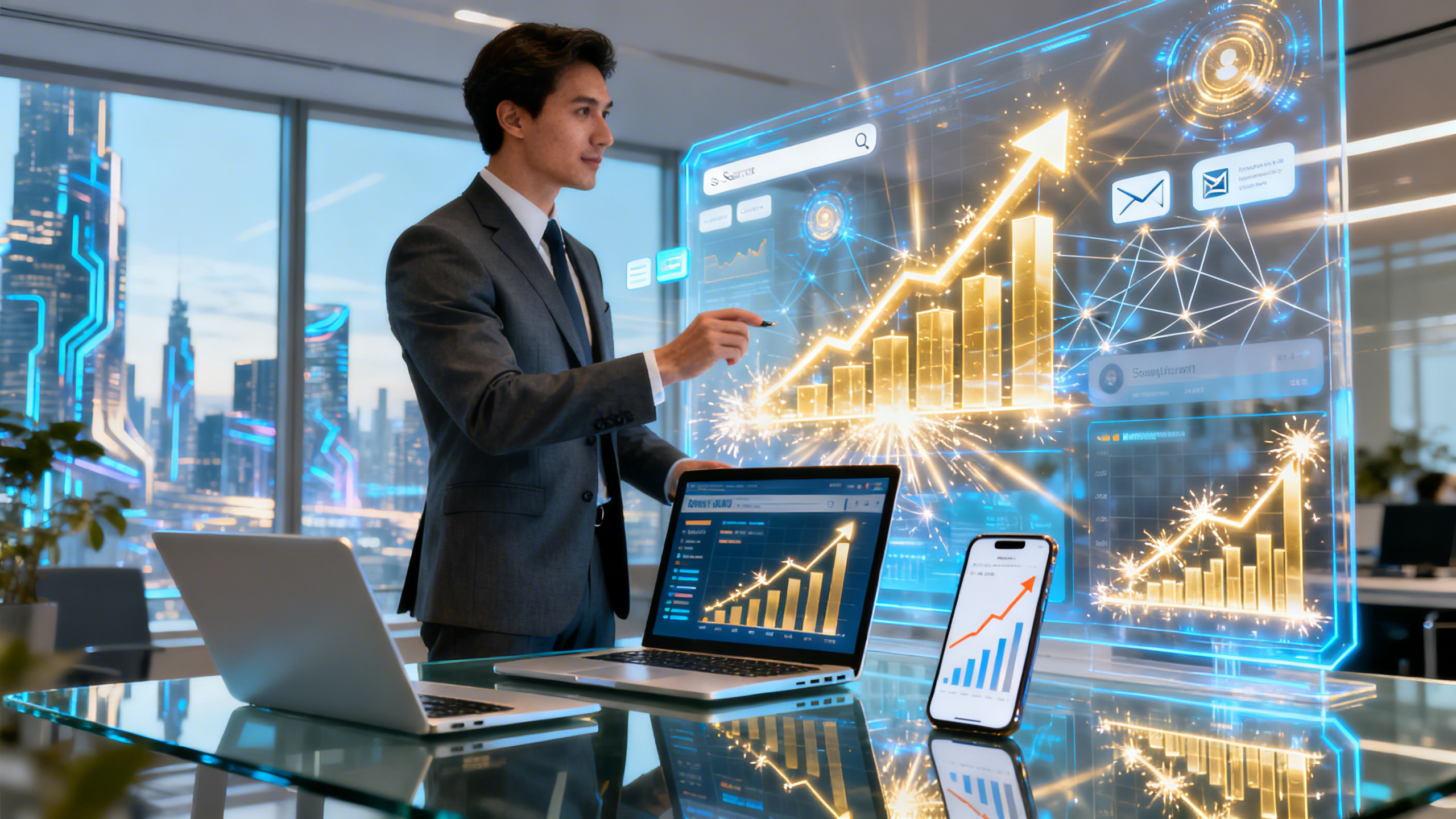 An ultra-realistic image of a confident business professional in a modern office, analyzing dynamic digital graphs and growth charts displayed on transparent screens. The scene features a laptop, smartphone, and digital dashboard showing increasing website traffic, revenue figures, and social media engagement metrics. Surround the professional with subtle visual cues of digital marketing, such as search bars, email icons, and network connections, to symbolize online visibility turning into tangible business growth. The overall atmosphere is bright, forward-thinking, and energetic, reflecting innovation, success, and the transformation of digital presence into revenue for a thriving service-based business.