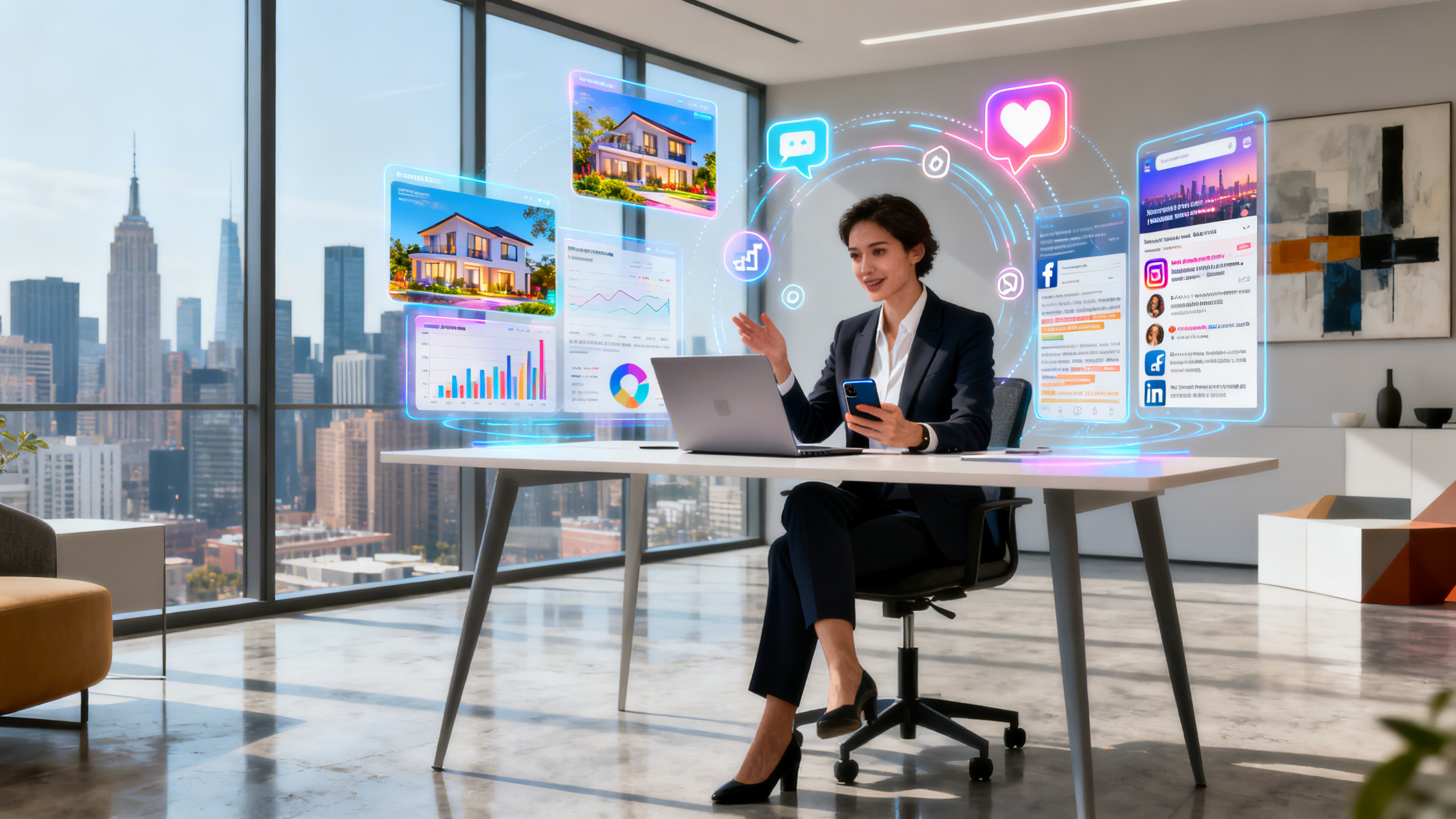An ultra realistic image of a stylish real estate agent in a modern workspace, confidently engaging with potential homebuyers on a sleek laptop and smartphone. Multiple digital screens float around, displaying vibrant property images, detailed analytics, and dynamic social media feeds from platforms like Instagram, Facebook, and LinkedIn. The agent is surrounded by visual cues of engagement: heart icons, chat bubbles, and notification symbols, emphasizing strong online interaction. The setting features contemporary decor, natural lighting, and a backdrop of city skyline through floor-to-ceiling windows, evoking a sense of innovation and sophistication.