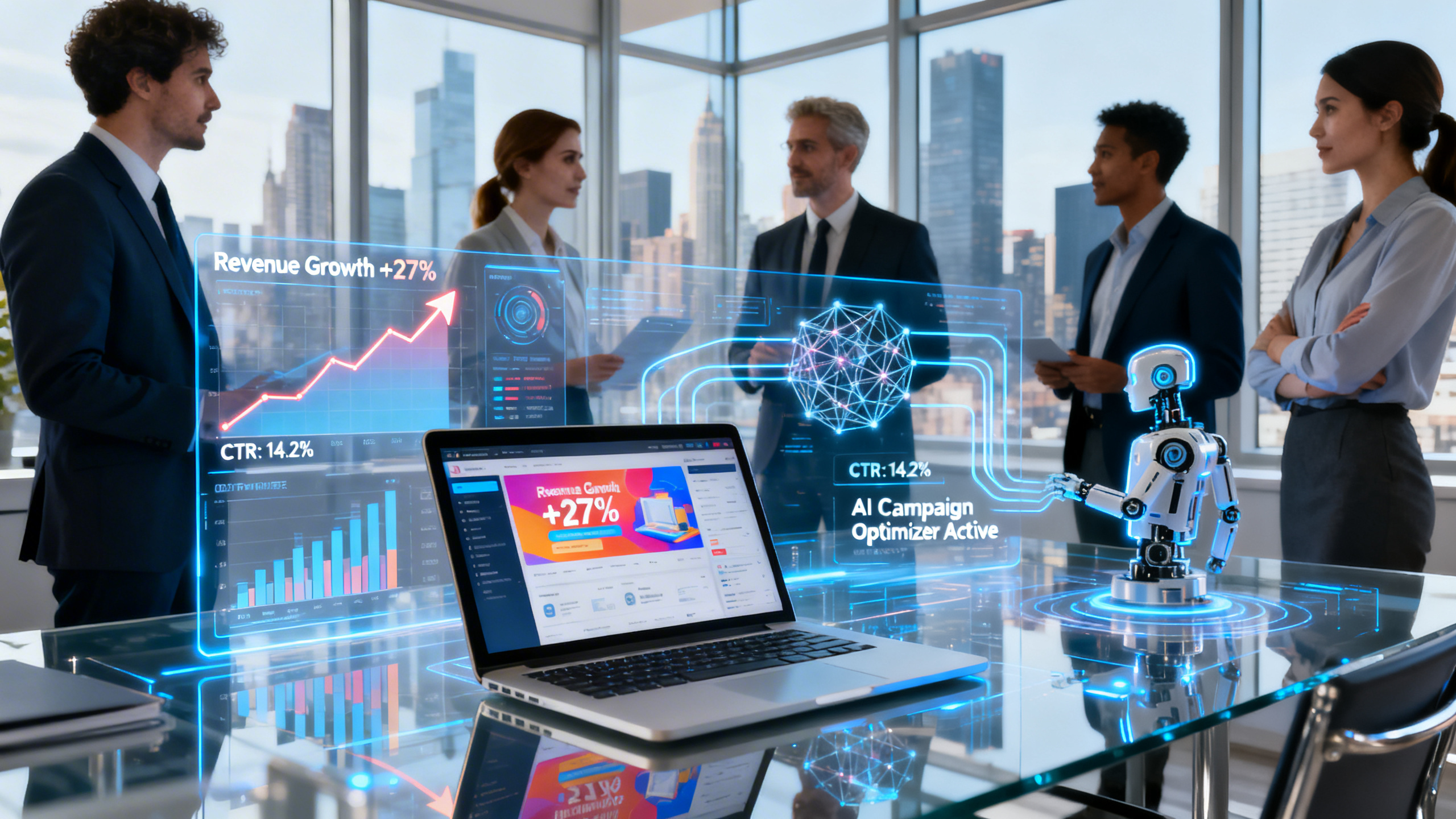 An ultra-realistic, high-resolution image of a modern business workspace. In the foreground, a diverse group of professionals examines digital analytics dashboards on transparent screens, showcasing increasing revenue graphs and click-through rates. On one side, a sleek laptop displays a vibrant online ad campaign, while AI-powered tools and neural network holograms visualize data processing. The background features a city skyline visible through large windows, symbolizing growth and innovation. The atmosphere is dynamic and focused, capturing the seamless integration of paid advertising, artificial intelligence, and business strategy to convert online engagement into tangible clients and predictable revenue.