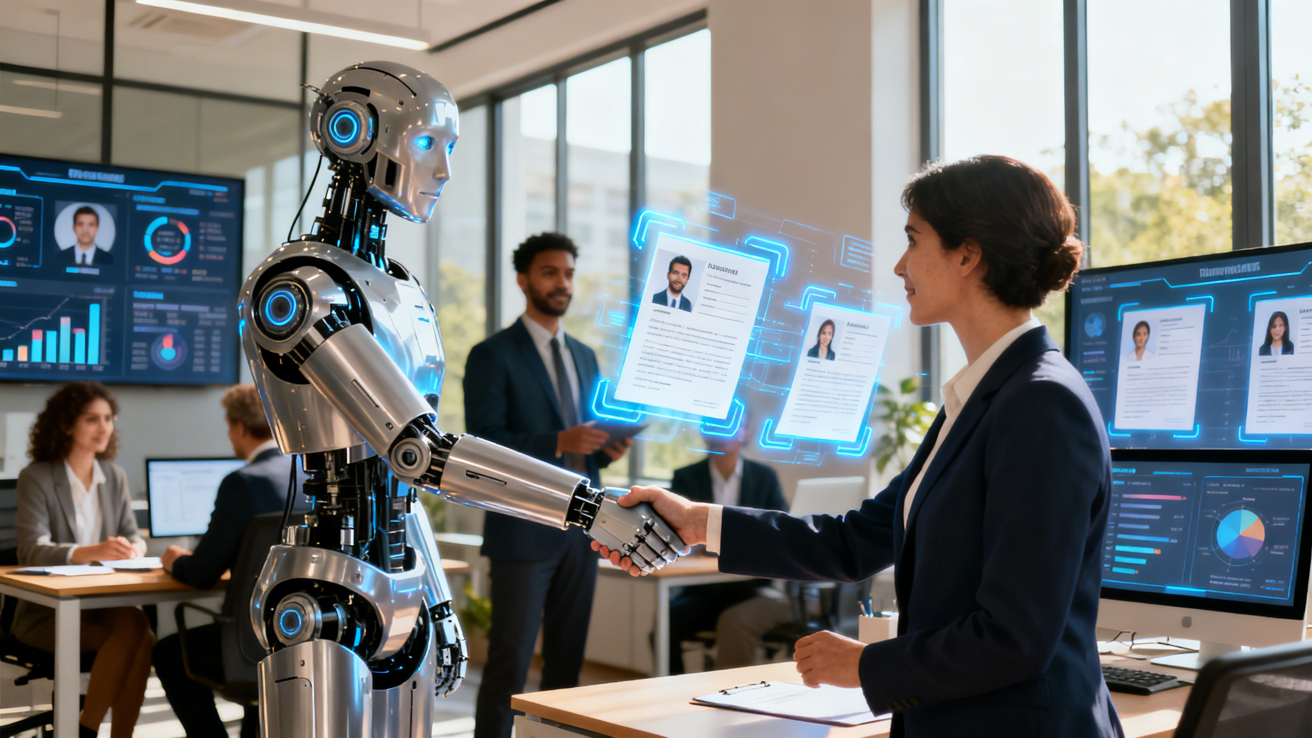 Ultra realistic office environment with diverse professionals interacting with advanced AI technology, digital screens displaying candidate profiles and analytics, a robotic assistant shaking hands with a human recruiter, holographic resumes floating in the air, and a modern workspace full of natural light. The atmosphere is collaborative and innovative, highlighting seamless integration of artificial intelligence in recruitment, with clear visual cues of data-driven decision making and personalized candidate experiences.