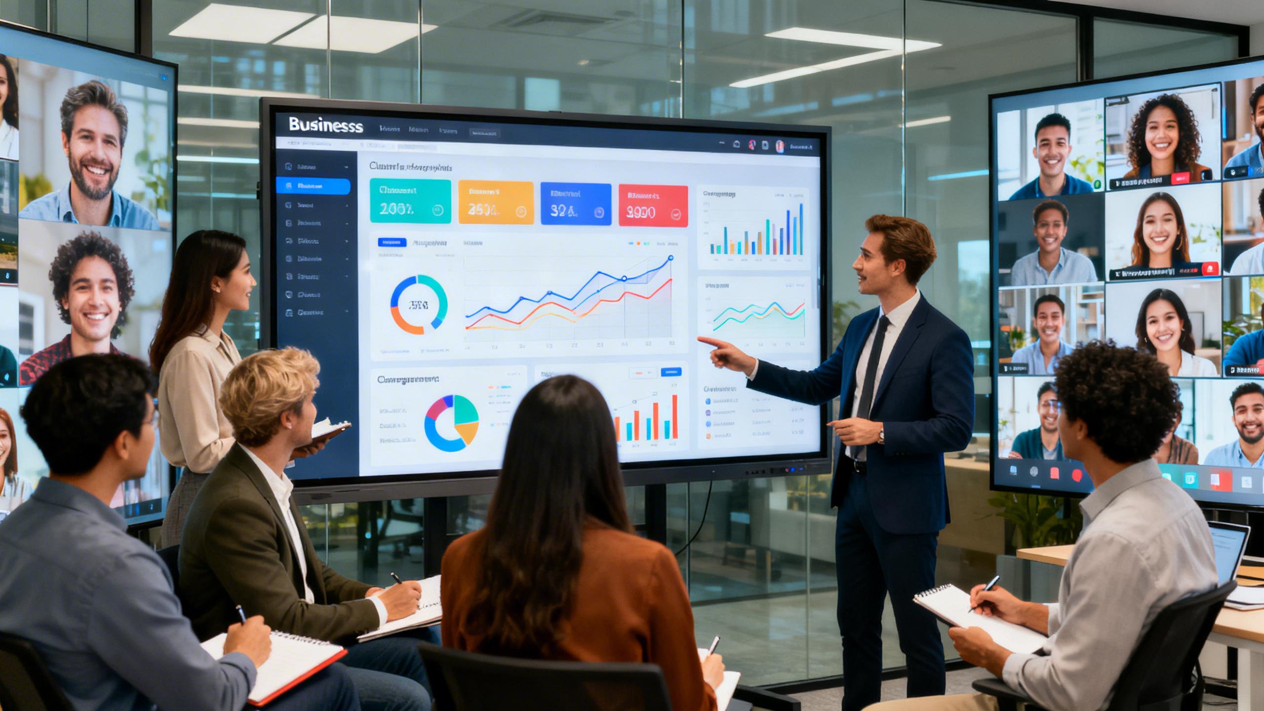 An ultra realistic image of a modern business office with a diverse team of professionals gathered around a large digital screen displaying an impressive, interactive business website dashboard. The screen showcases analytics, client engagement metrics, and growth charts. The team is focused and engaged, some taking notes and others pointing at the dynamic data visuals. The environment features sleek technology, glass walls, and natural lighting, emphasizing innovation and collaboration. In the background, happy clients are seen virtually connecting through video calls on other screens, symbolizing successful client relationships and business growth fueled by cutting-edge website solutions.
