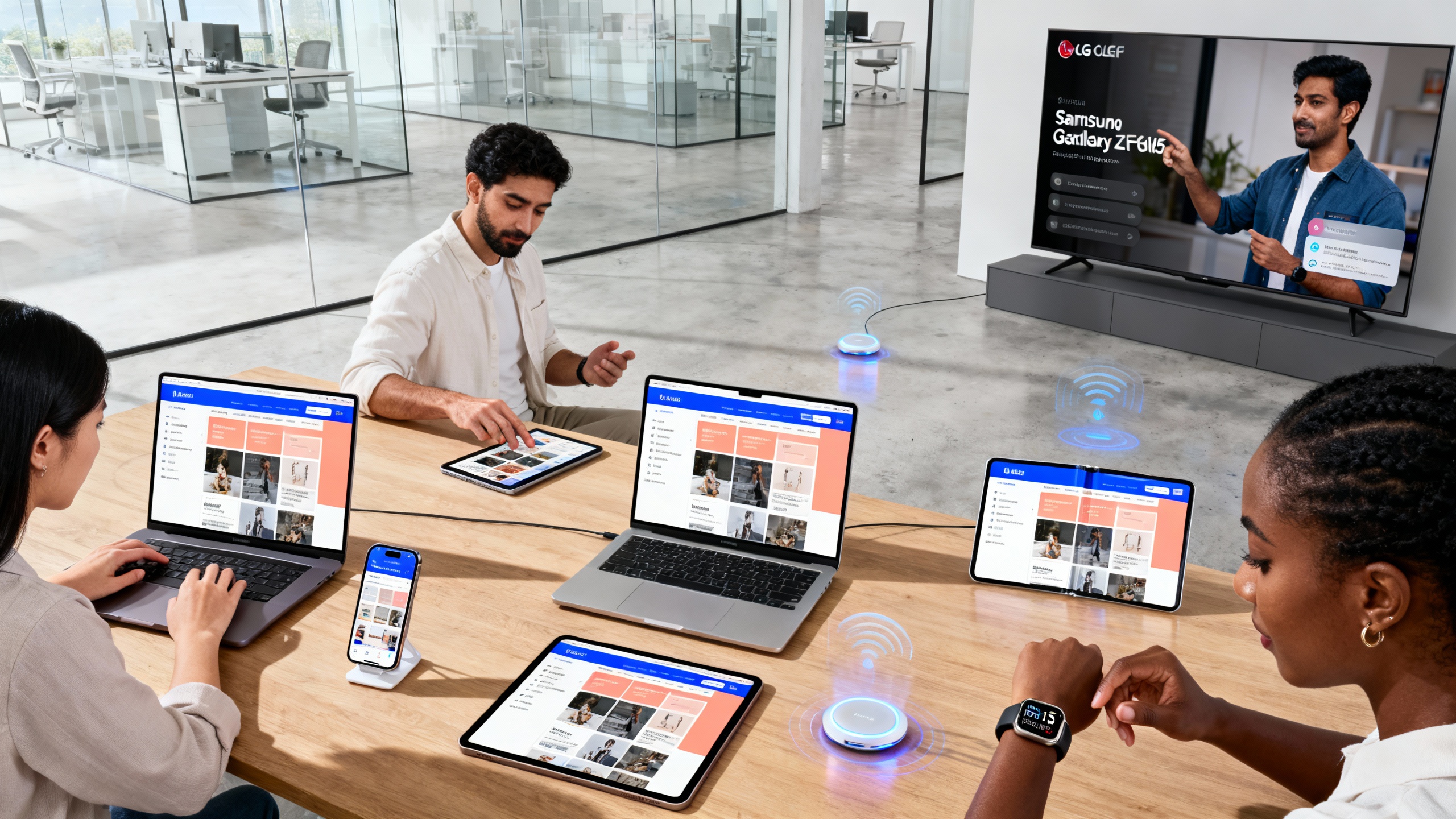 Ultra realistic image of a modern workspace showcasing a seamless digital experience across multiple devices: a smartphone, tablet, laptop, smartwatch, smart TV, and a foldable screen, all displaying the same vibrant website interface adapting perfectly to each screen size and shape. The setting features diverse people interacting naturally with the devices, demonstrating effortless usability in a bright, minimalistic, high-tech environment. Subtle reflections and shadows enhance the realism, emphasizing crisp detail, rich colors, and the harmonious integration of technology in daily life.