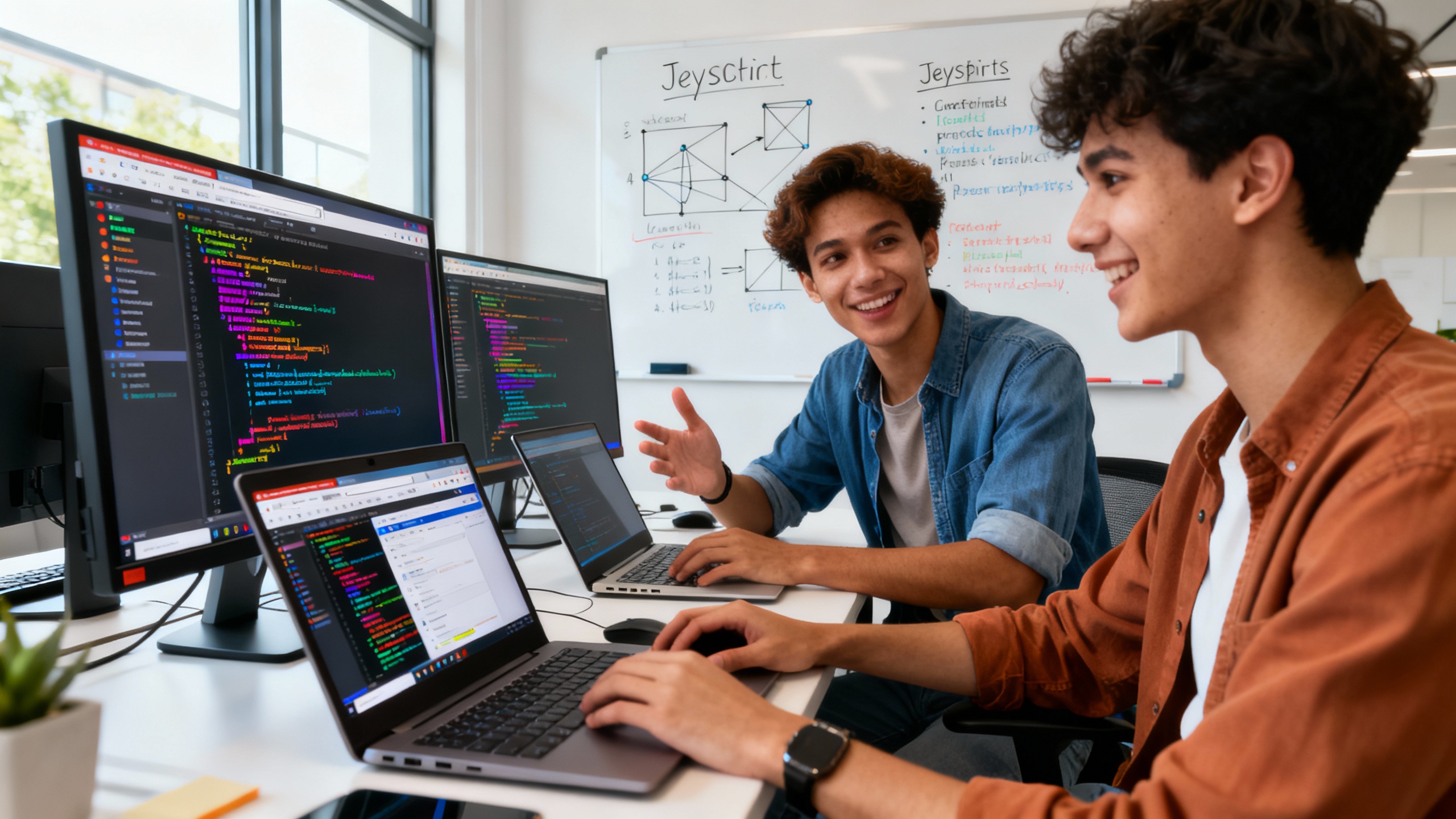 A diverse group of young adults sitting at modern desks with laptops, deeply focused and collaborating in a bright, contemporary workspace. The computer screens display colorful JavaScript code editors and browser windows. One person is confidently explaining code to another, with animated gestures and supportive expressions. Whiteboards in the background show diagrams and code snippets related to JavaScript best practices. Natural daylight streams through large windows, creating a motivating, positive atmosphere that emphasizes learning, teamwork, and confidence-building in coding. Ultra realistic, high resolution, vibrant, sharp details.