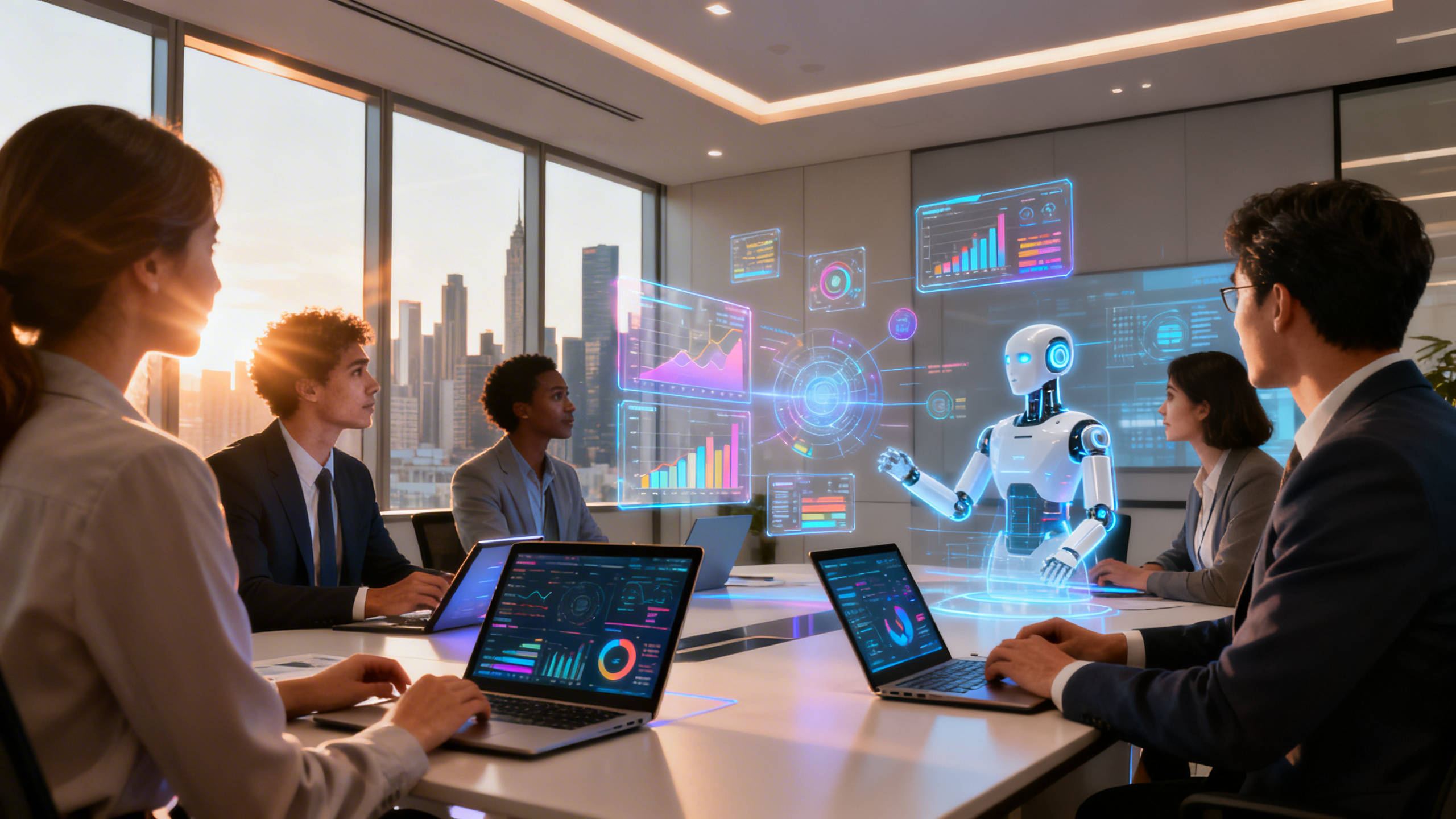 Ultra-realistic image of a modern business conference room with a diverse group of professionals analyzing vibrant digital data visualizations on transparent screens. Multiple holographic charts, graphs, and AI-generated insights float in the air, illuminating faces with dynamic light. Sleek laptops and tablets display real-time analytics, while an AI-powered virtual assistant projects key decision metrics. The city skyline is visible through floor-to-ceiling windows, symbolizing innovation and future growth. The atmosphere is focused and collaborative, highlighting the impact of AI-powered data analytics on strategic business decisions.
