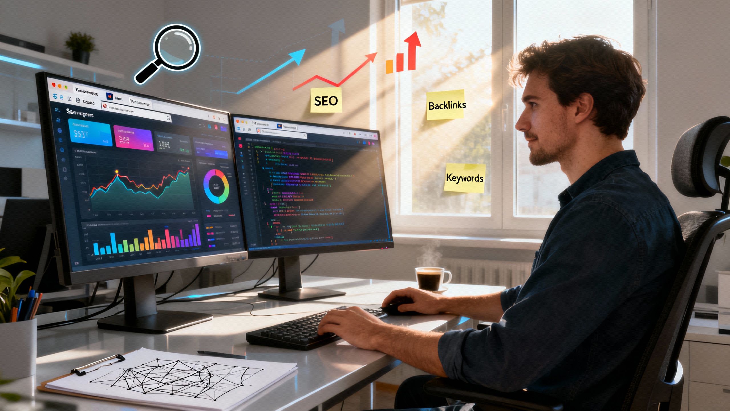 An ultra-realistic scene of a modern web developer at a sleek desk, dual monitors displaying vibrant analytics dashboards, search engine graphs, and lines of code. Sunlight streams through a window onto sticky notes labeled `SEO`, `Backlinks`, and `Keywords`. Subtle elements like a magnifying glass icon, upward-trending arrows, and browser tabs reinforce the SEO theme. The environment is tidy, digital, and professional, with hints of creativity such as a wireframe sketch pad and a cup of coffee. The developer appears focused and confident, illustrating the intersection of coding and search engine optimization strategies.