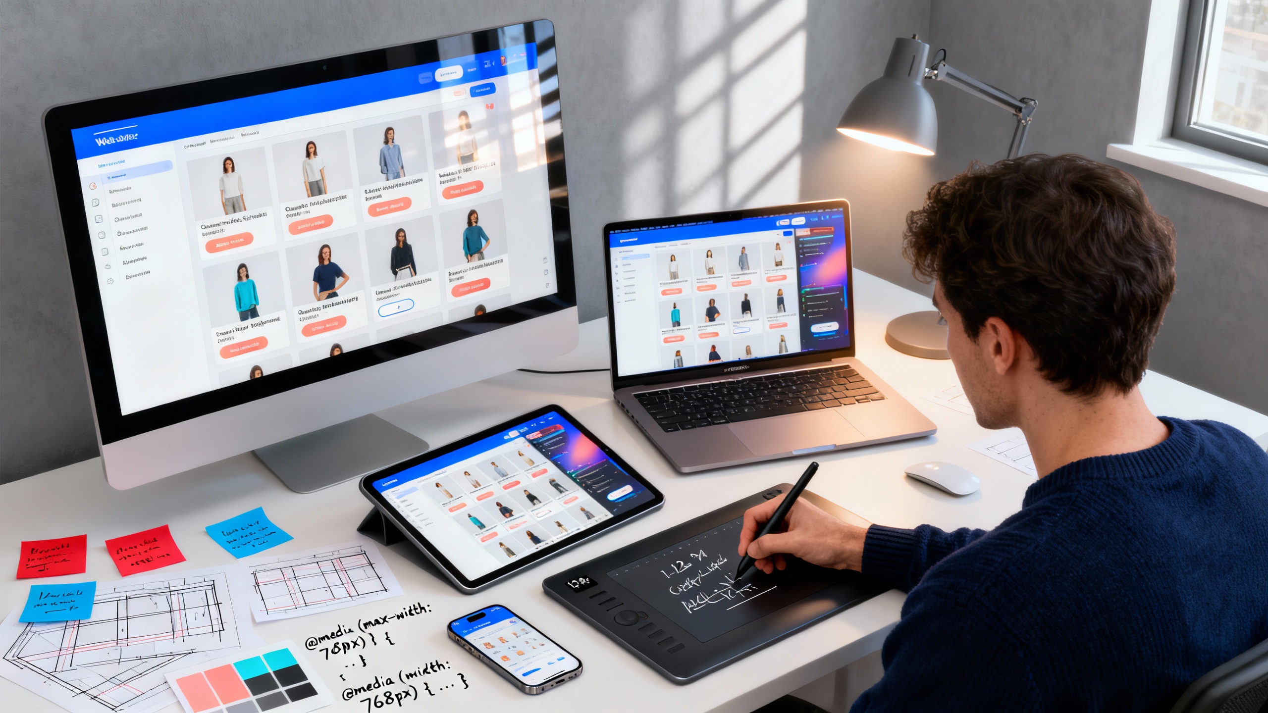 Ultra-realistic workspace scene featuring a web designer at a modern desk surrounded by multiple devices: a large desktop monitor displaying a responsive website layout, a sleek laptop, a tablet, and a smartphone, each showing the same website perfectly adapted to its screen. The environment is well-lit with natural light, showcasing the designer using a digital pen tablet, sticky notes with sketches, color palettes, and code snippets scattered on the desk. Include subtle details like reflections in the screens, detailed UI elements, and vibrant colors. Emphasize seamless cross-device consistency, professionalism, and the creative process of responsive web design.