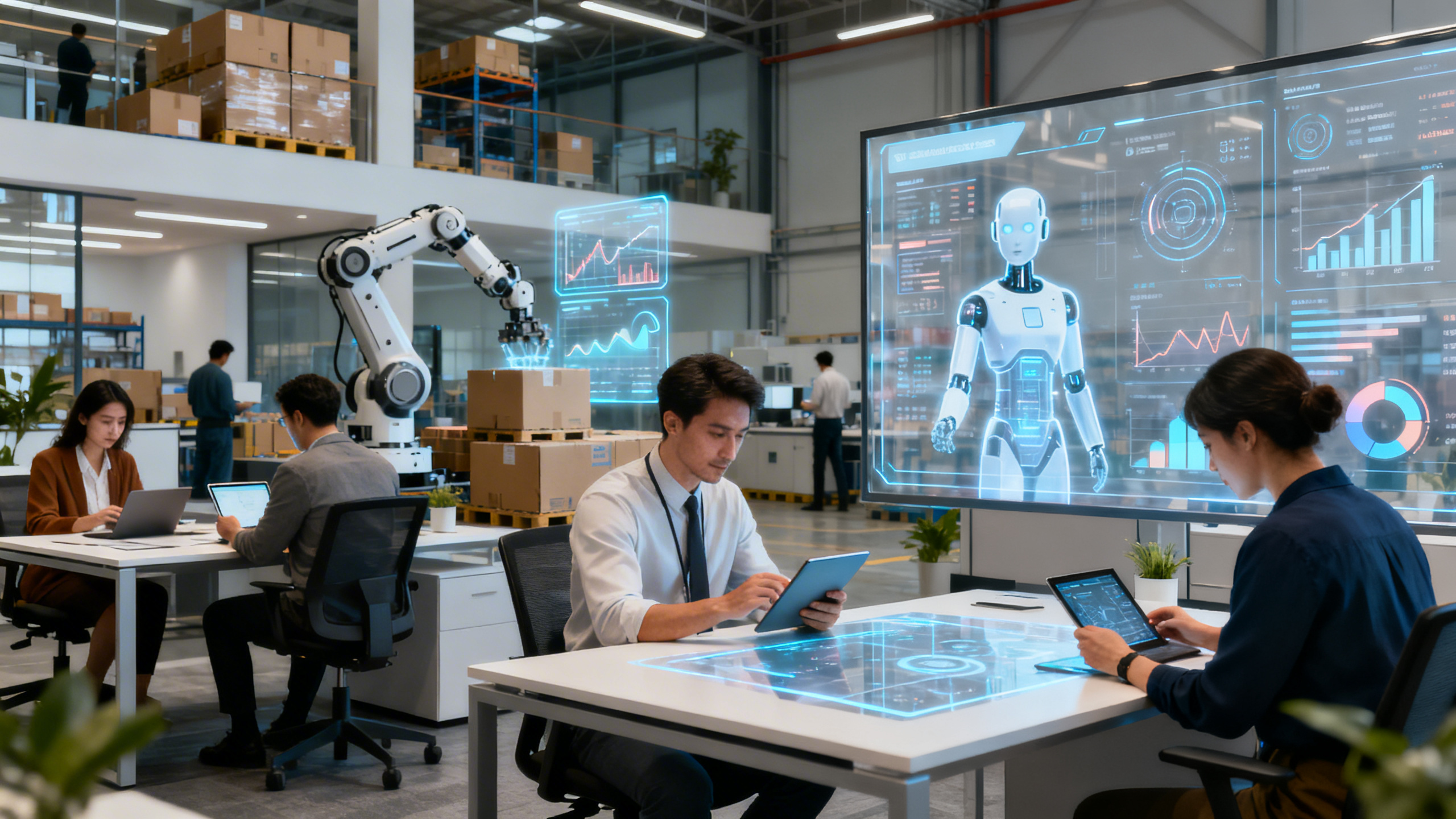 Ultra-realistic image of a modern open-plan office, diverse professionals collaborating around digital devices, large transparent screens displaying complex data analytics and AI-driven dashboards. In the background, robotic arms automate logistics tasks, while smart virtual assistants project holographic graphs. The workspace blends cutting-edge technology with human interaction, conveying the seamless integration of artificial intelligence into daily business operations. Natural lighting, sharp focus, high detail, cinematic composition.