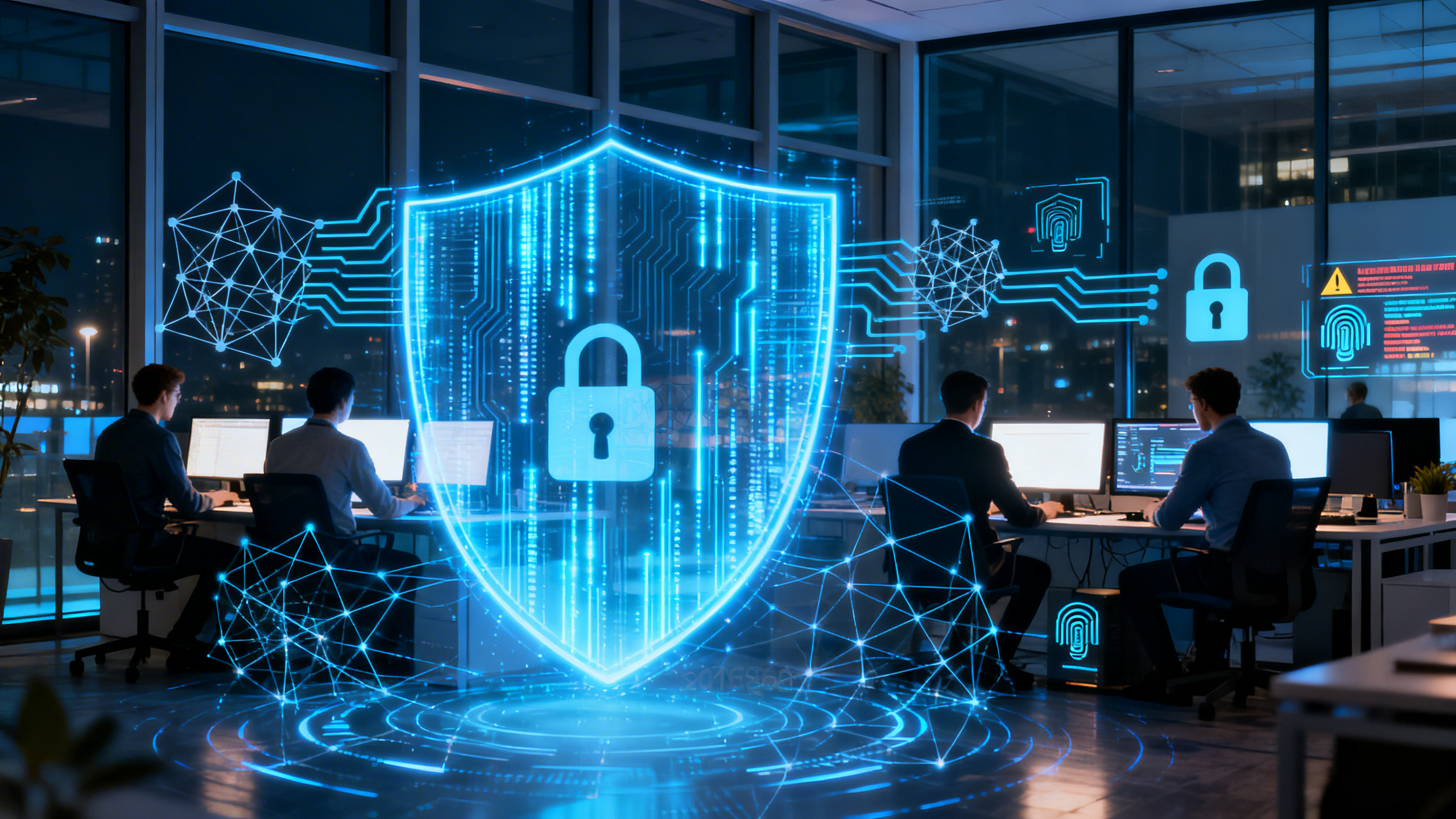 Ultra-realistic image of a modern business office at night with large glass windows, filled with employees working on computers. In the foreground, a holographic digital shield composed of glowing blue data streams and intricate network patterns envelops the workspace. Abstract representations of AI—such as neural network graphs and circuit-like connections—intertwine with symbols of cybersecurity, including padlocks, biometric scans, and warning notifications. The atmosphere is dynamic and high-tech, conveying the sense of active digital protection and advanced artificial intelligence monitoring threats in real-time. No text, logos, or watermarks.