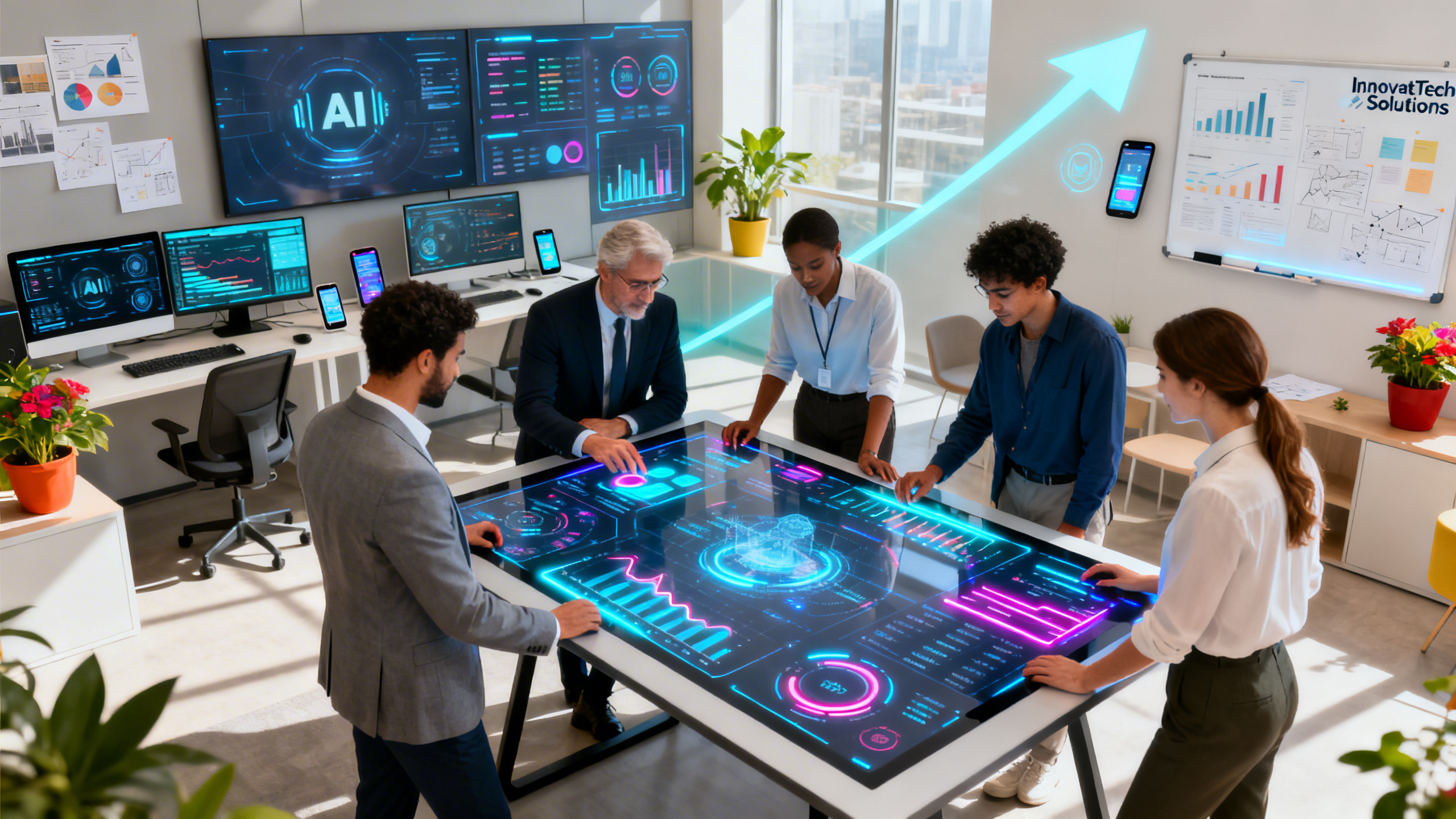 Ultra realistic image of a modern small business office with a diverse team of professionals collaborating around a digital touchscreen table displaying advanced AI analytics, graphs, and data visualizations. In the background, cutting-edge technology such as computer screens with AI software interfaces, smart devices, and digital whiteboards are visible. The environment is bright, energetic, and innovative, conveying a sense of growth and progress. Subtle business elements like charts, business plans, and SME branding are present. The overall atmosphere should embody ambition, teamwork, and the transformative impact of artificial intelligence on small to medium-sized enterprises.