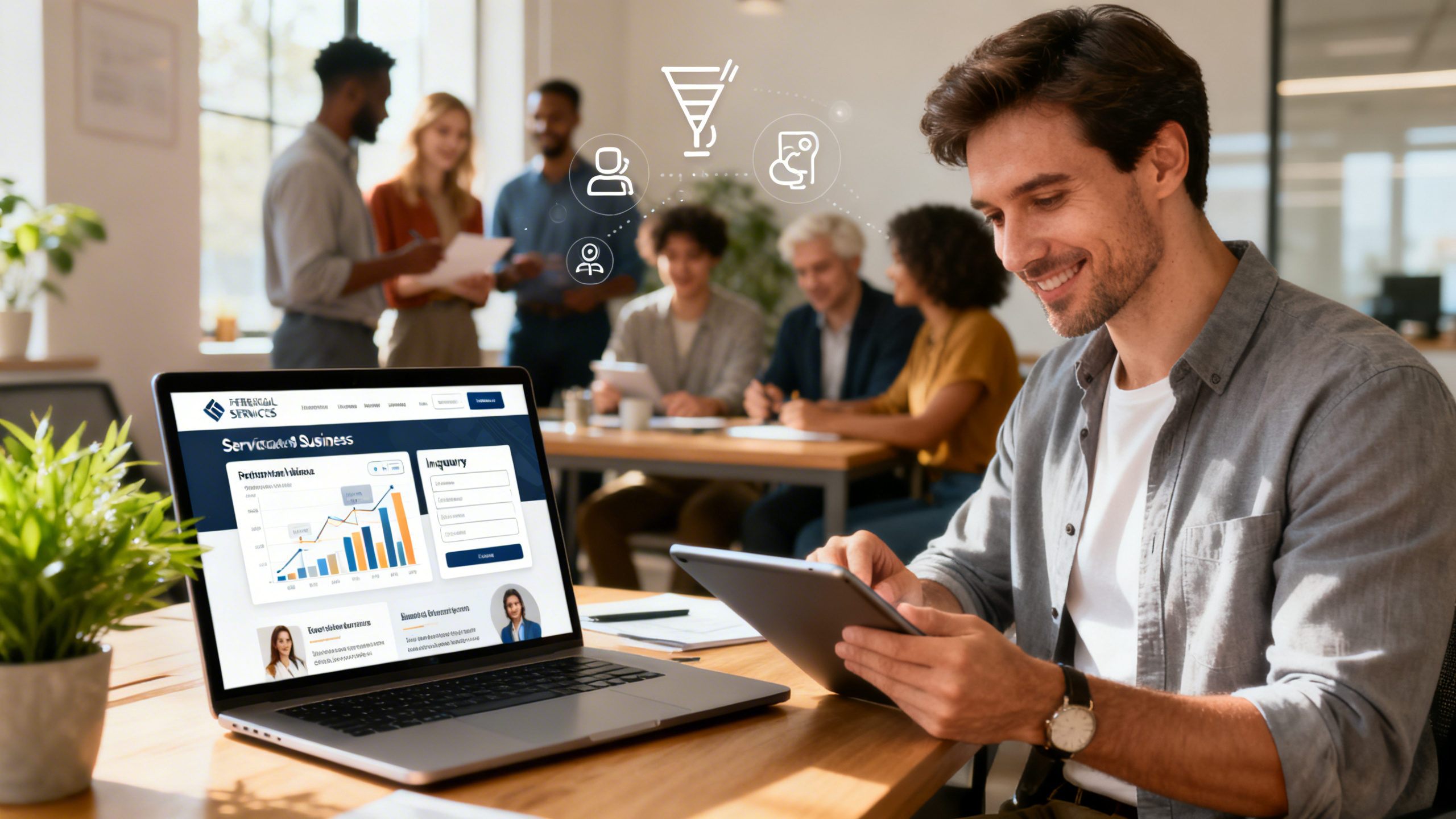 An ultra-realistic image of a modern workspace featuring a sleek laptop displaying a professional service business website with interactive charts, inquiry forms, and client testimonials. In the foreground, a confident business owner in smart casual attire analyzes website analytics on a tablet, while a diverse team collaborates in the background. Subtle icons representing digital marketing, client communication, and conversion funnels float around. Warm lighting, clean desk setup, and a hint of greenery create a productive, welcoming atmosphere. The scene emphasizes digital engagement, strategy, and the transformation of online interest into real business clients.