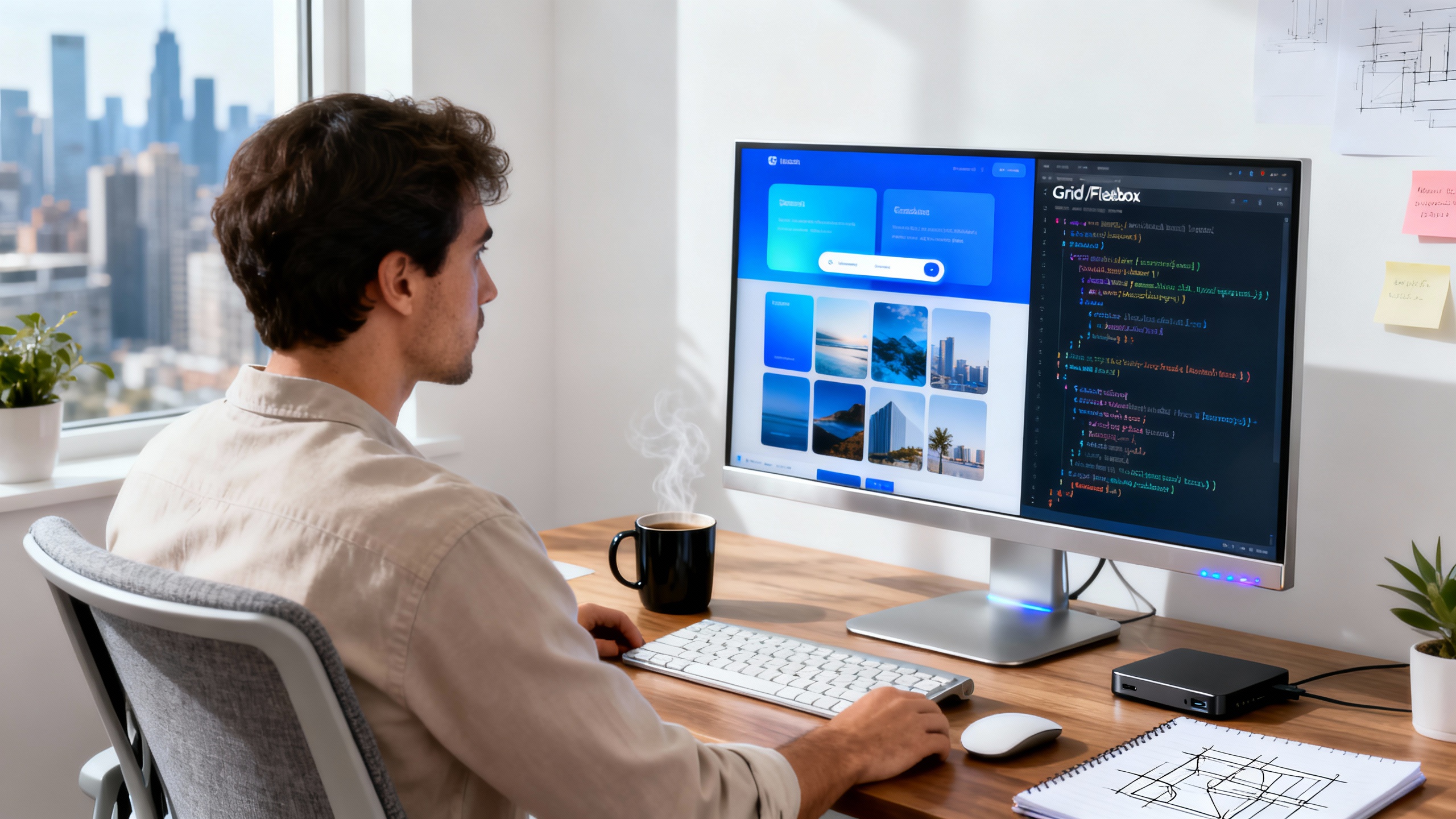 Ultra realistic image of a modern web designer working on a high-resolution monitor displaying a vibrant web page with complex, perfectly aligned layouts. The screen shows a split view: one side reveals a visually stunning interface with multiple content cards, image grids, and flexible navigation bars, while the other side displays clean CSS code snippets for Grid and Flexbox. The workspace features sleek tech gadgets, natural lighting, and a coffee mug beside a notepad filled with sketched wireframes. The mood is focused and creative, emphasizing innovation and seamless digital design.