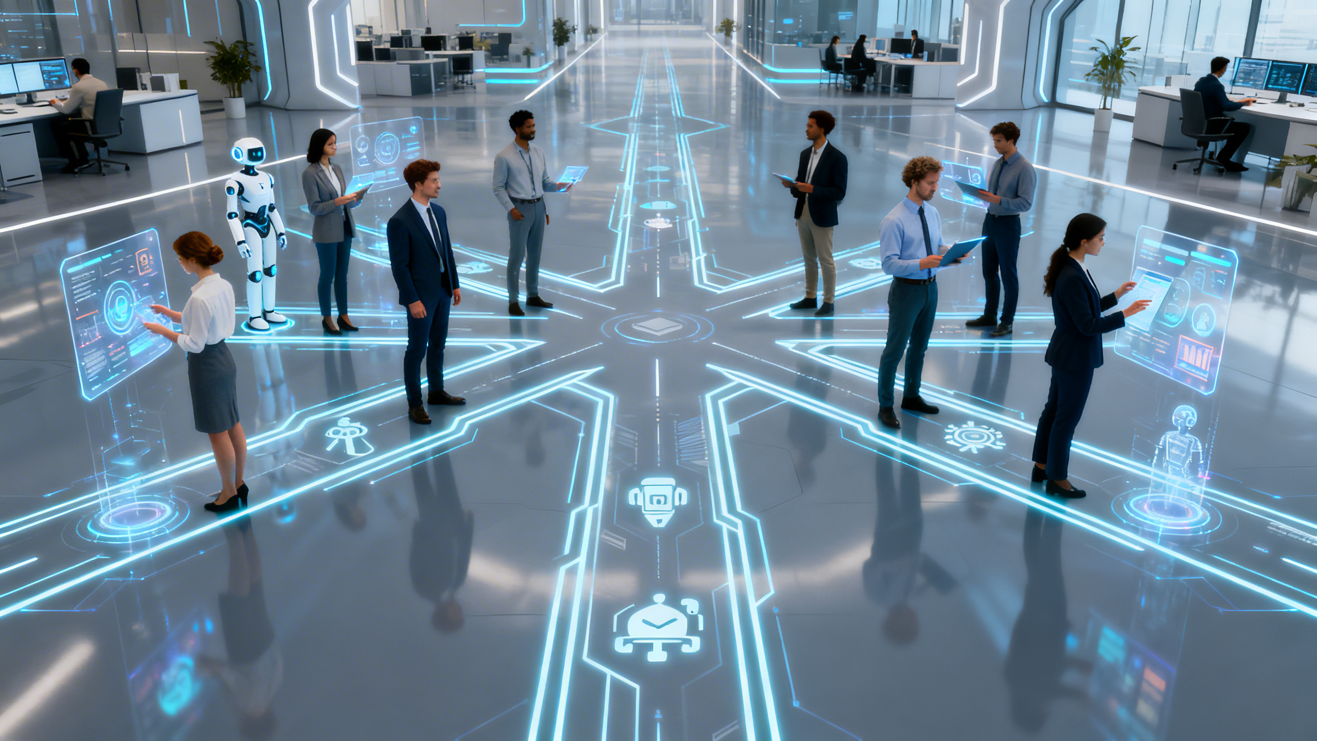 A diverse group of professionals in modern business attire stands at a futuristic crossroads inside a sleek, high-tech office space. Holographic career paths, glowing with digital lines and AI-generated icons, branch out in multiple directions from each person. Some people interact with intelligent virtual assistants on transparent screens, while others analyze data or collaborate in mixed-reality environments. The atmosphere conveys optimism, adaptability, and innovation, highlighting technology’s influence on career development. Ultra-realistic lighting, sharp details, and expressive faces capture a sense of possibility and transformation.