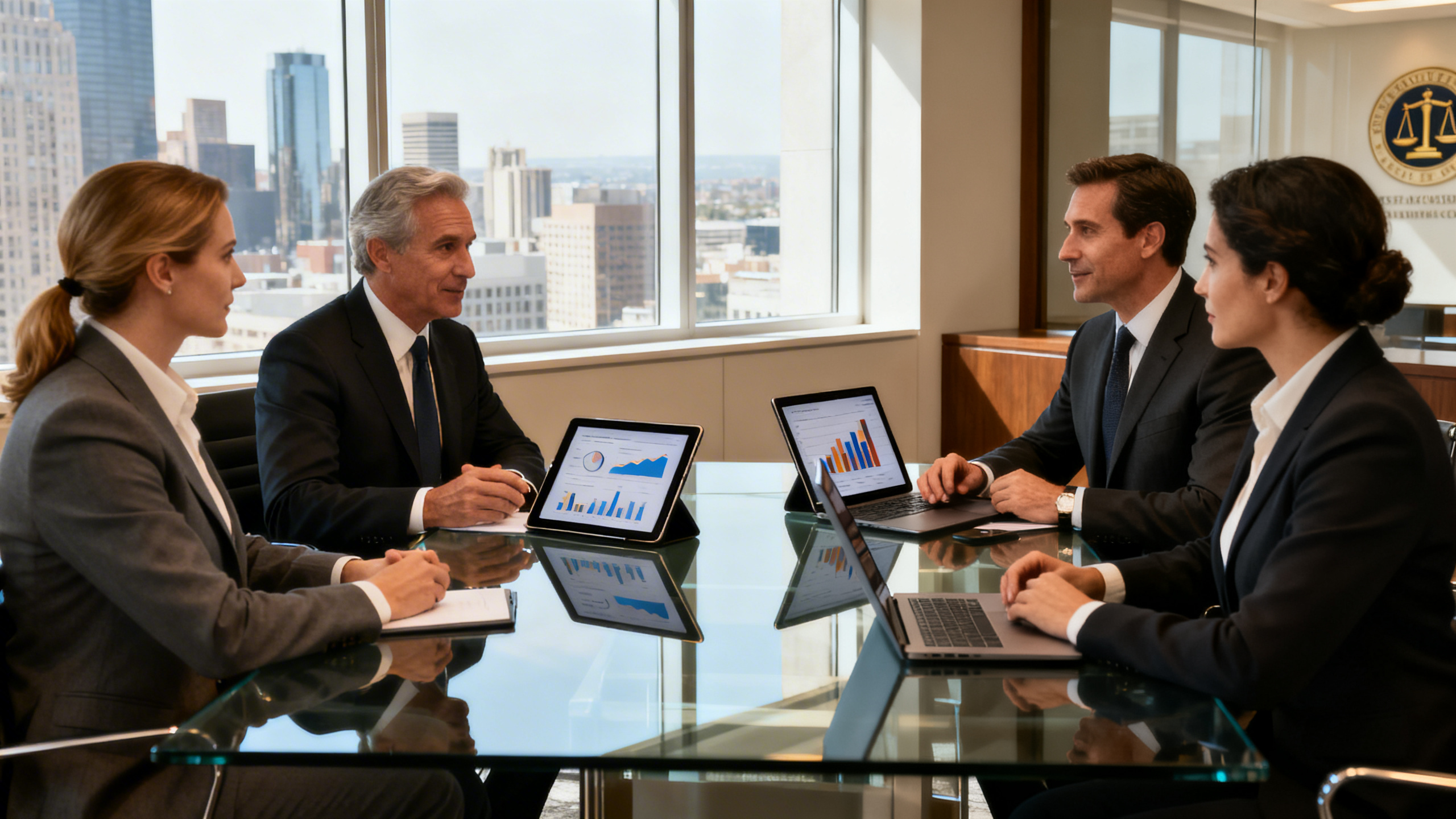 A modern, sleek law firm office with large windows and city views, experienced attorneys in tailored suits engaged in a confident discussion with well-dressed clients, digital tablets and laptops open on a glass conference table displaying charts and analytics, subtle branding elements in the background, warm natural lighting, an atmosphere of trust, professionalism, and exclusivity, ultra-realistic style, high resolution, sharp focus.