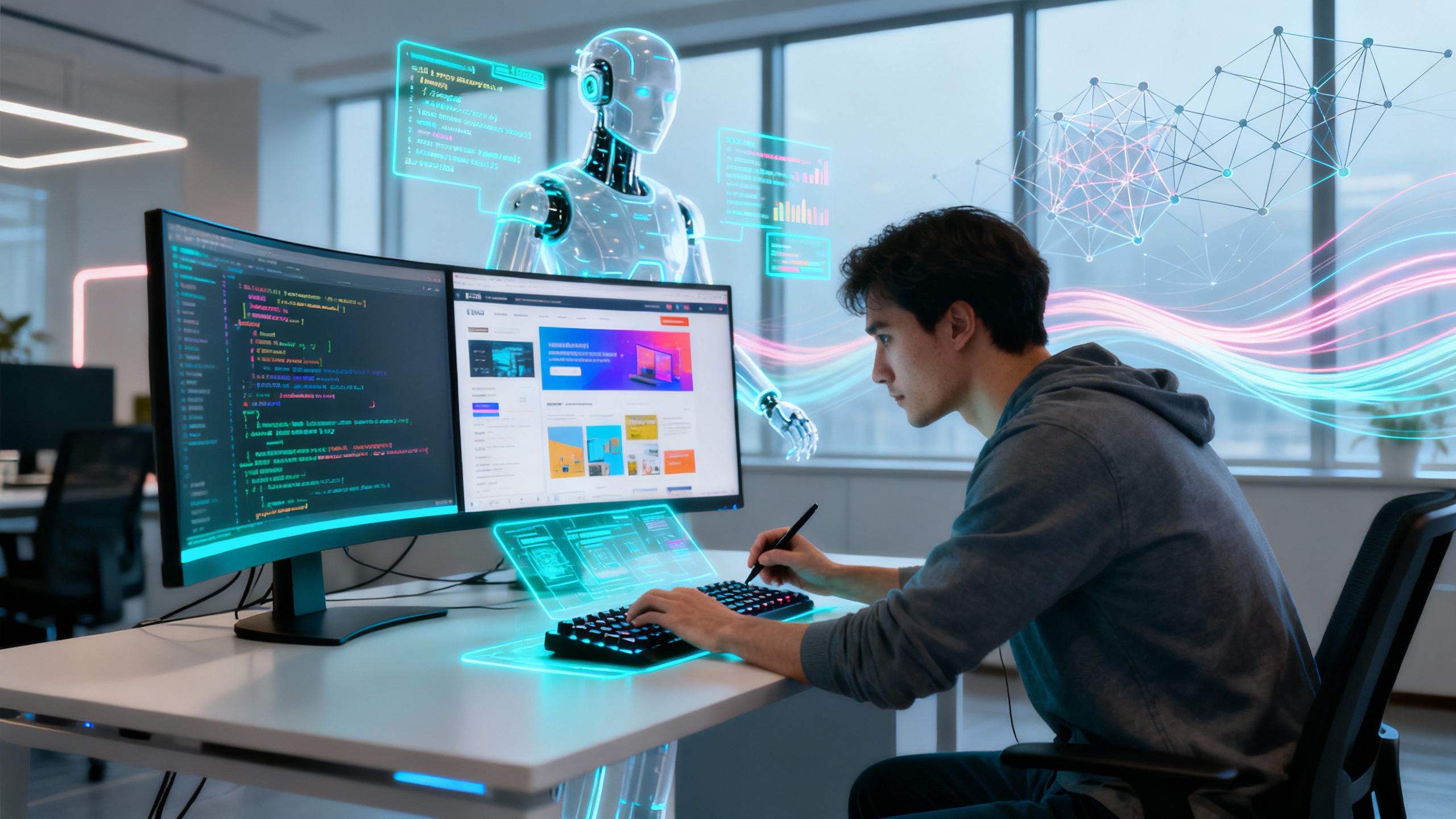 An ultra realistic image depicting a modern web developer`s workspace: a sleek desk with dual monitors displaying complex code and vibrant website designs, while a transparent holographic AI assistant projects code suggestions and analytics in mid-air. The developer, focused and engaged, interacts with both the physical keyboard and the AI interface. Subtle digital motifs, such as neural network diagrams and flowing data streams, are integrated into the background, illustrating the seamless collaboration between human creativity and artificial intelligence in web development. The setting is bright, professional, and futuristic, conveying innovation and technological advancement.