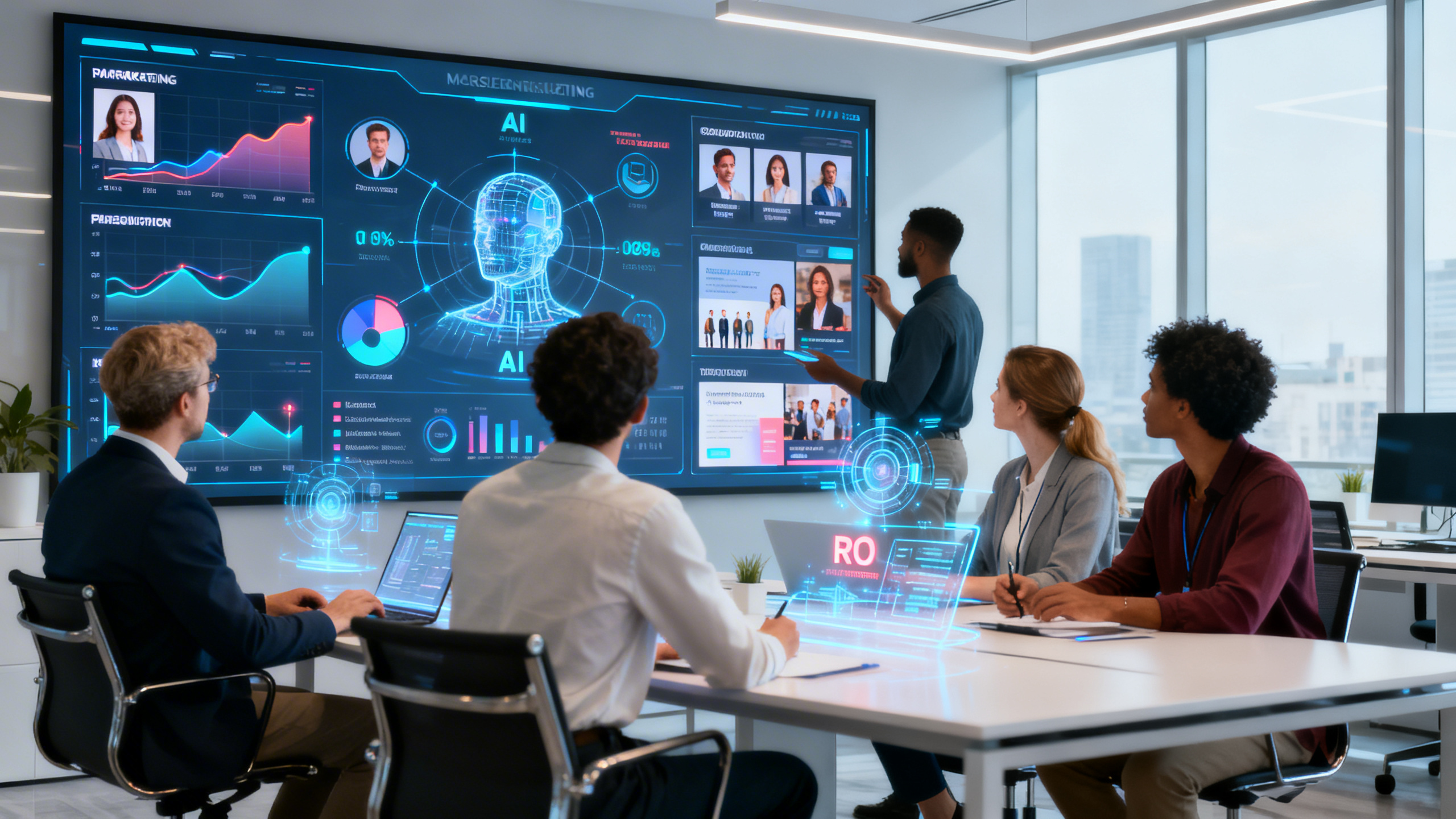 Ultra-realistic image of a diverse team of marketing professionals in a sleek, modern office, analyzing data visualizations on large digital screens. The screens display dynamic graphs, customer profiles, and AI-driven insights, with personalized marketing content and ROI metrics highlighted. Subtle holographic elements show artificial intelligence algorithms at work, connecting demographic data to tailored campaigns. The environment is bright and sophisticated, emphasizing advanced technology seamlessly integrated into the workspace. The mood is focused and innovative, capturing the transformation of marketing through AI-powered personalization.